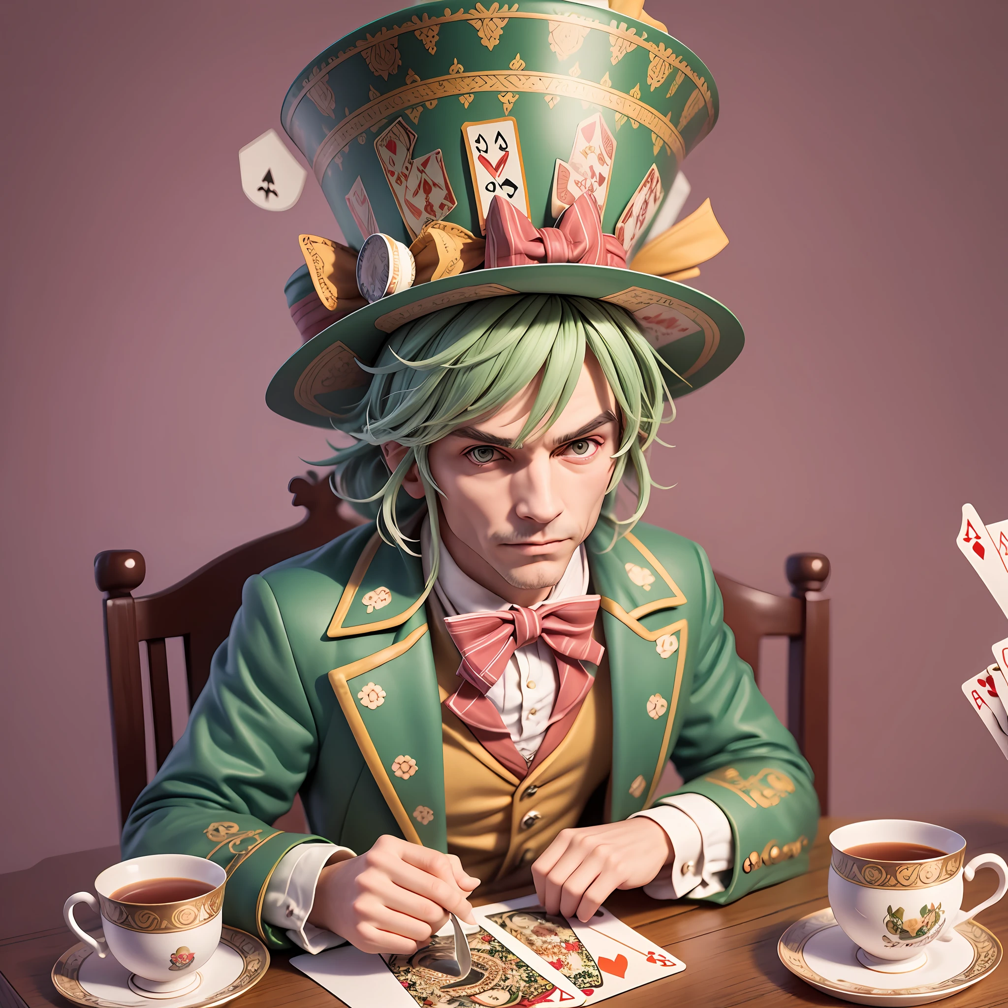 Produce an amusing image of a character inspired by the Mad Hatter, wearing a jacket adorned with playing cards and a hat with a teacup perched precariously on top --auto --s2