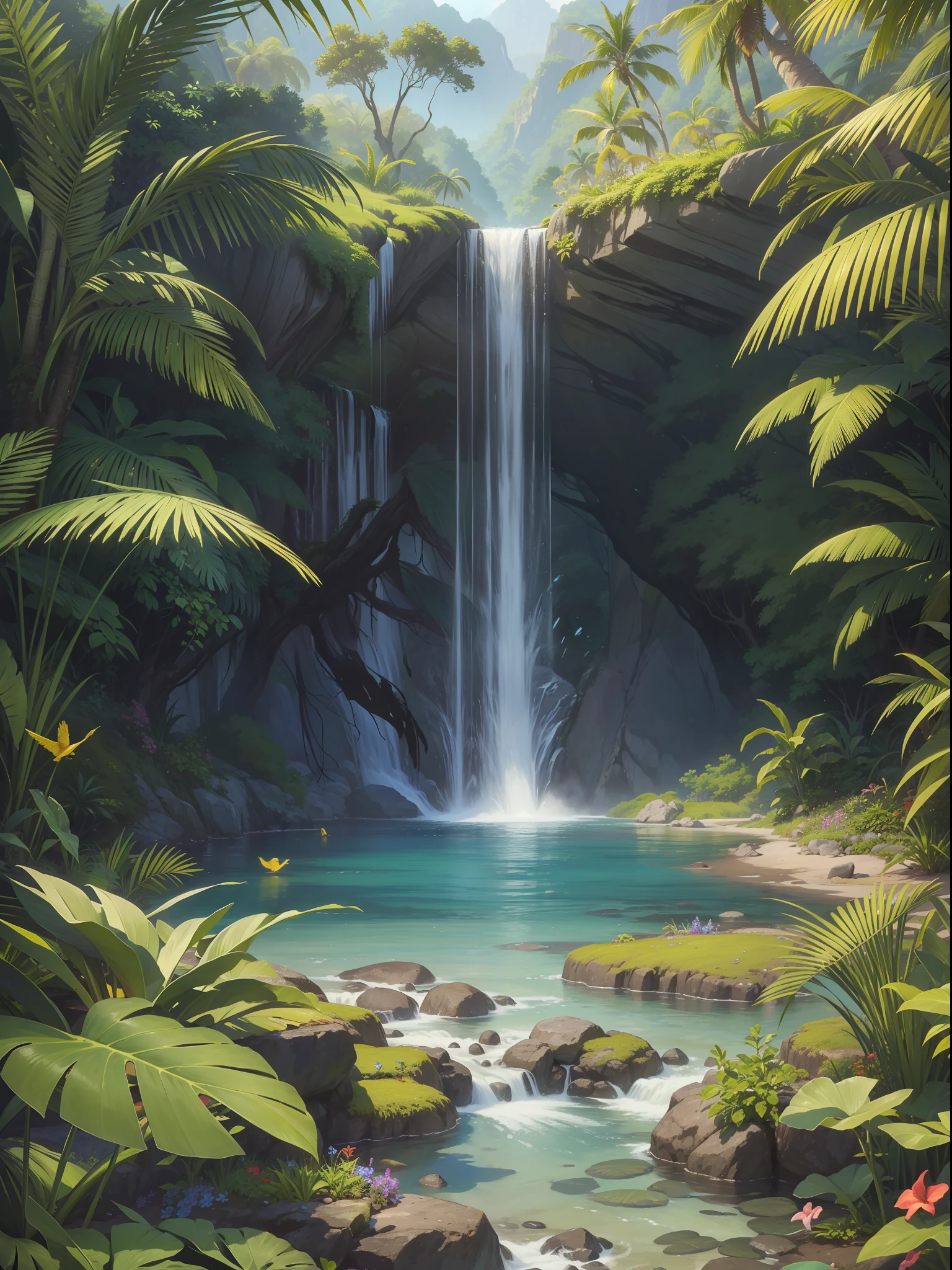 (masterpiece), maximum quality, ultra detailed digital painting, lush nature, natural and vibrant environment, depth of field, realistic lighting and shadow, exceptional details, exotic and lush landscape, rainforest, majestic mountains, dense verdant vegetation, crystal clear waterfall, crystal clear water, tropical birds, vibrant blue sky, {sunshine:1.3}, {tropical trees in foreground:0.8}