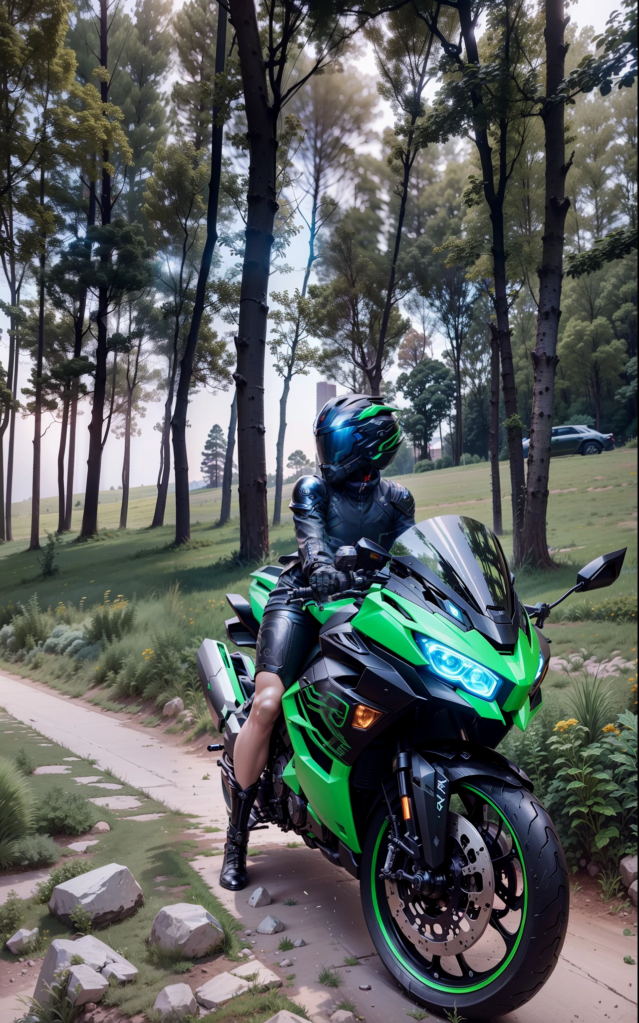 Cyber Warrior and Cyber Mechanical Motorcycle, Nousr, faceless, with high-tech helmet, surreal, steel, intricate design, crazy details, fine details, extremely clear lines, cinematic lighting, photo realistic, detailed masterpiece