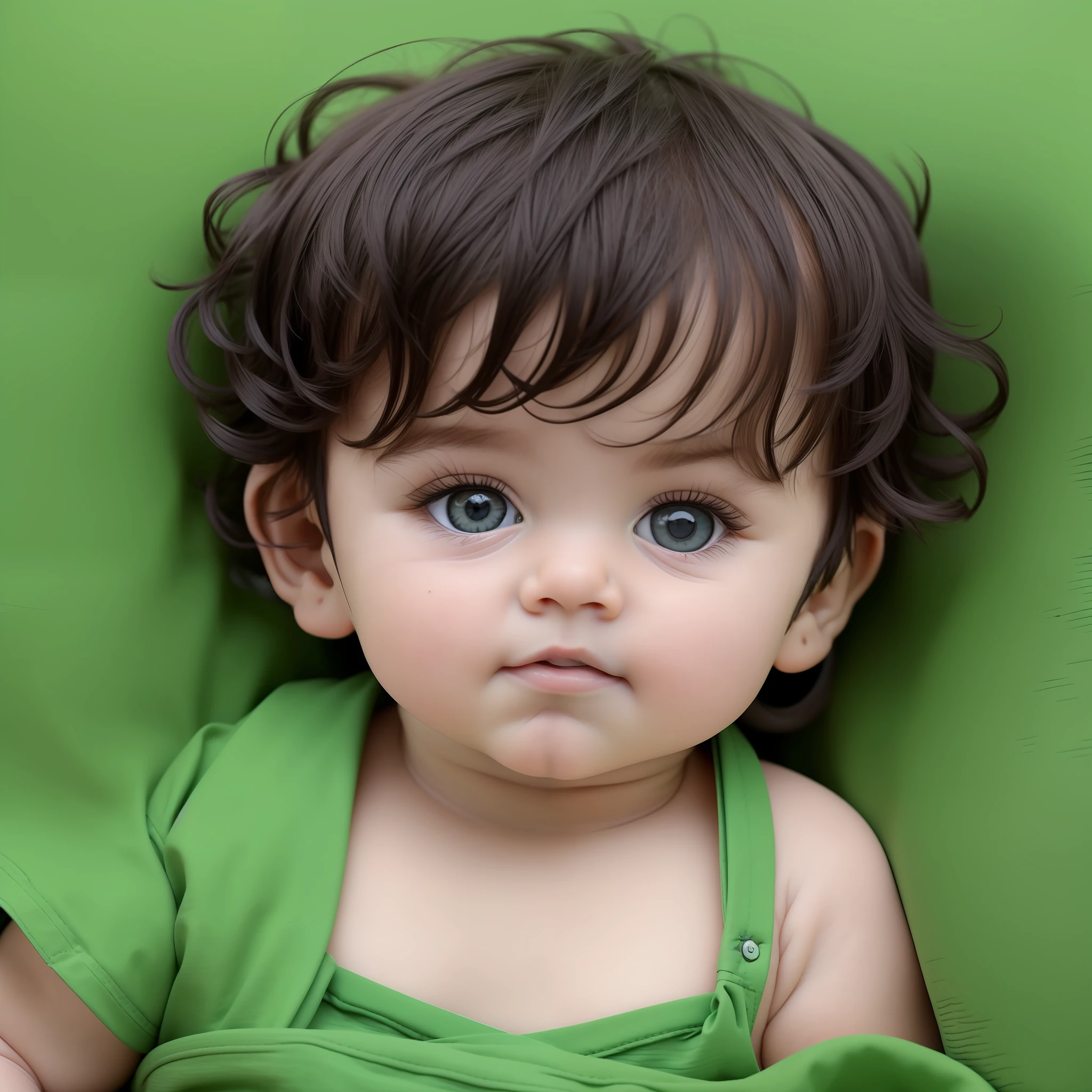 a 9 month old baby boy, baby cute, green eyes, messy short black hair, realistic, close UP, FHD --auto --s2