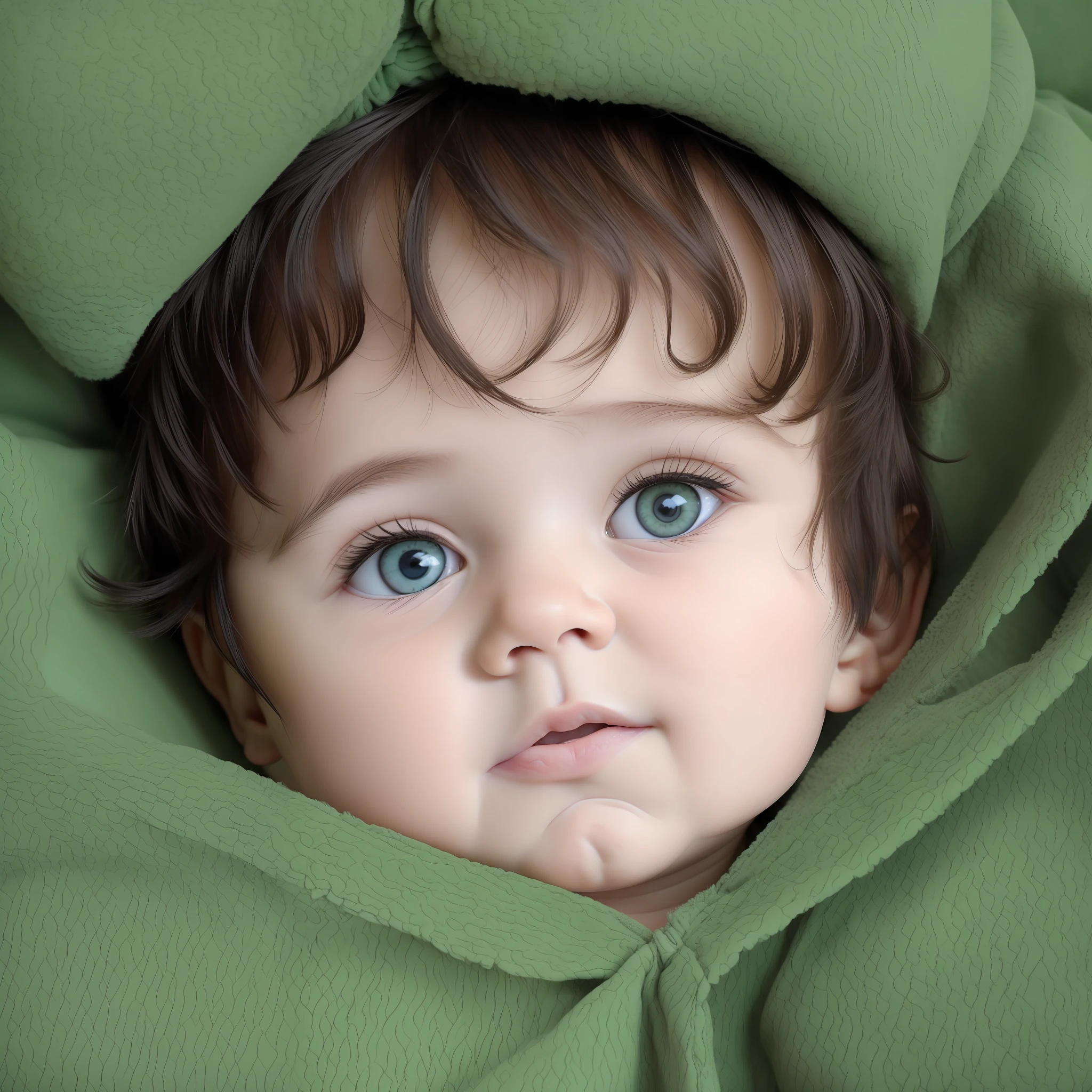 a 9 month old baby boy, baby cute, green eyes, messy short black hair, realistic, close UP, FHD --auto --s2