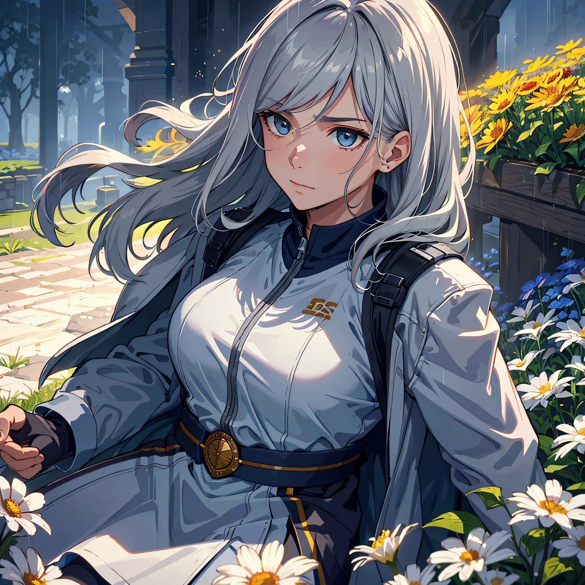 Best Quality, Masterpiece, No Expression, Ultra High Resolution, Detailed Background, Realistic, 1 person, Solo, Male, Muscular, Mature Male, Short Hair, Facial Hair, Seated, Water, Flower Field, Real Shadows and Light, Depth of Field ((highest quality + illustration + Masterpiece: 1.3 + Super Detail: 1.2)), a super detailed grandmother, (Super detailed face + eyes), cinematic lighting, (gray hair + long hair), sportswear, medium breasts, upper body, looking at the audience (casual expression), random scenes, Random weather, (color), (slow motion: 1.2), (soft light and shadow: 1.3).