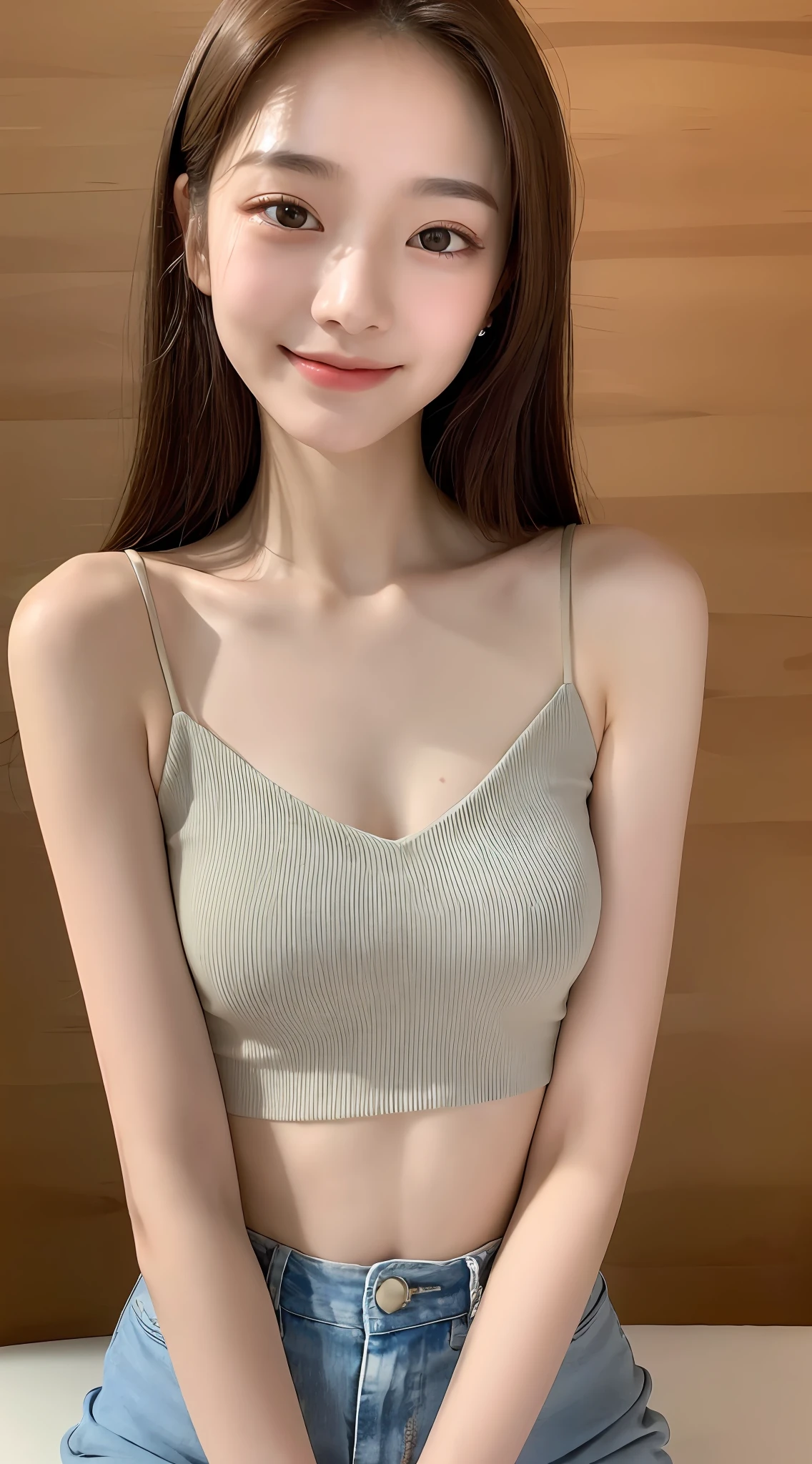 ((Best Quality, 8K, Masterpiece: 1.3)), 1 girl, slim, bare top, super slender face, delicate eyes, double eyelids, drooping eyes, smile,