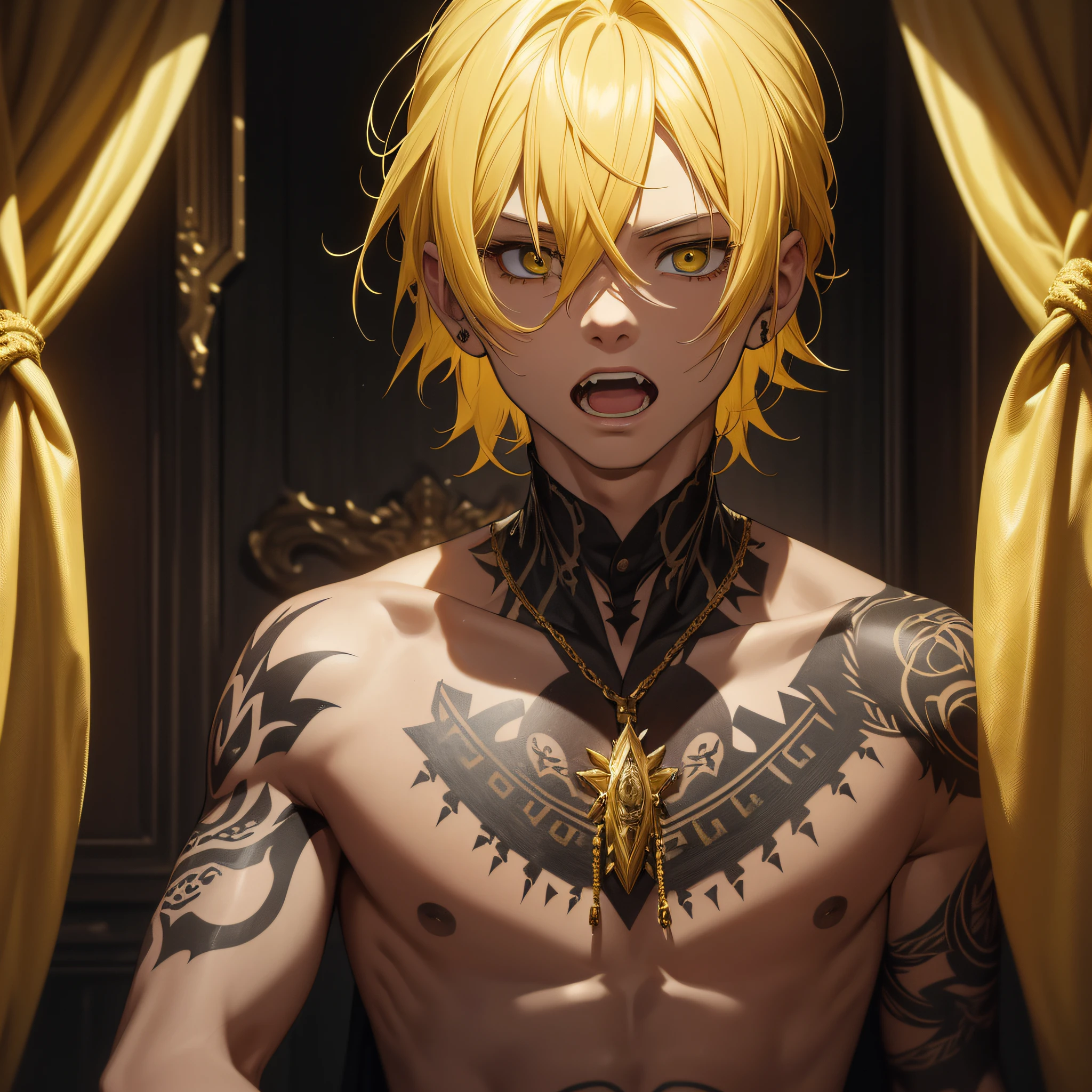 Absurd resolution, high resolution, (masterpiece: 1.4), hyper-detail, yellow-haired young man (1.1), eerie room, black tattoos on face and hands (1.3), scared expression, open mouth