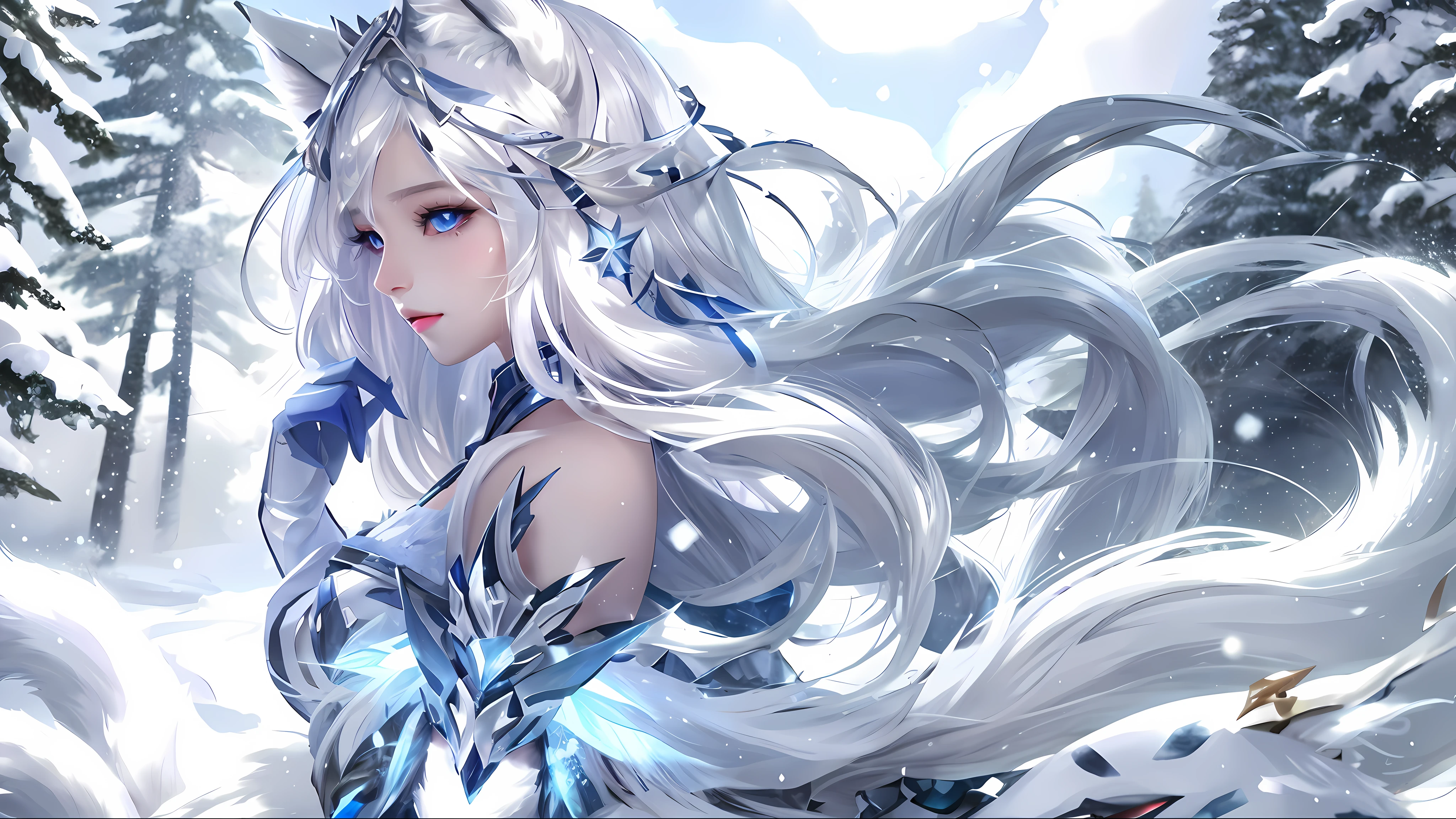 Superb image quality, 8k, masterpiece: 1.3, 1girl, inspired by League of Legends A Tanuki, white hair, white cat ears, in the snow, white fox tail, silver and blue clothes, eyes half open, silver white eyes