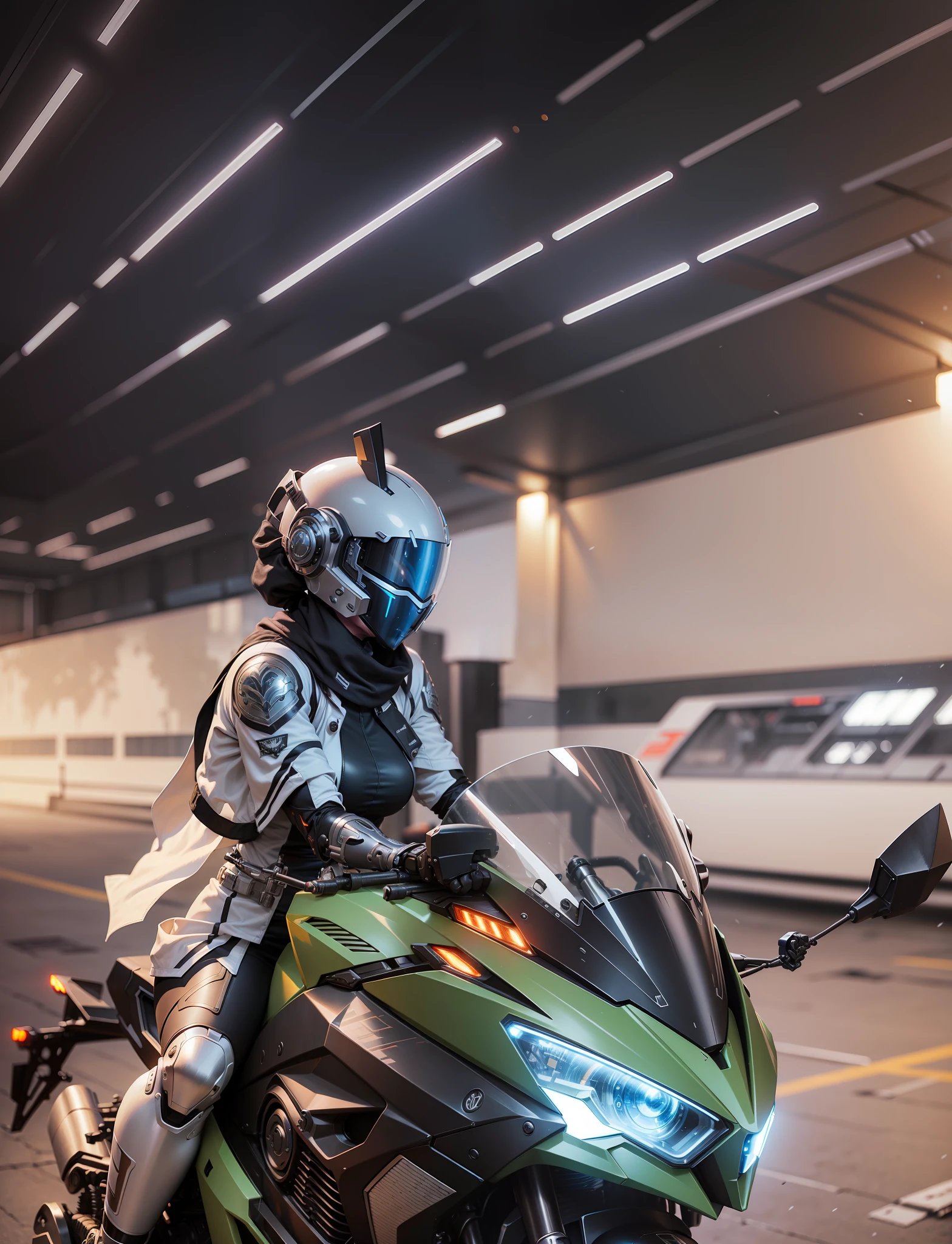 Cyber Warrior Woman and Cyber Mechanical Motorcycle, Nousr, Biomechanics, MSHN Robot Woman, Faceless, High-Tech Helmet, Hyperreal, Steel, Intricate Design, Crazy Details, Fine Details, Extremely Clear Lines, Cinematic Lighting, Photo Realistic, Detailed Masterpiece