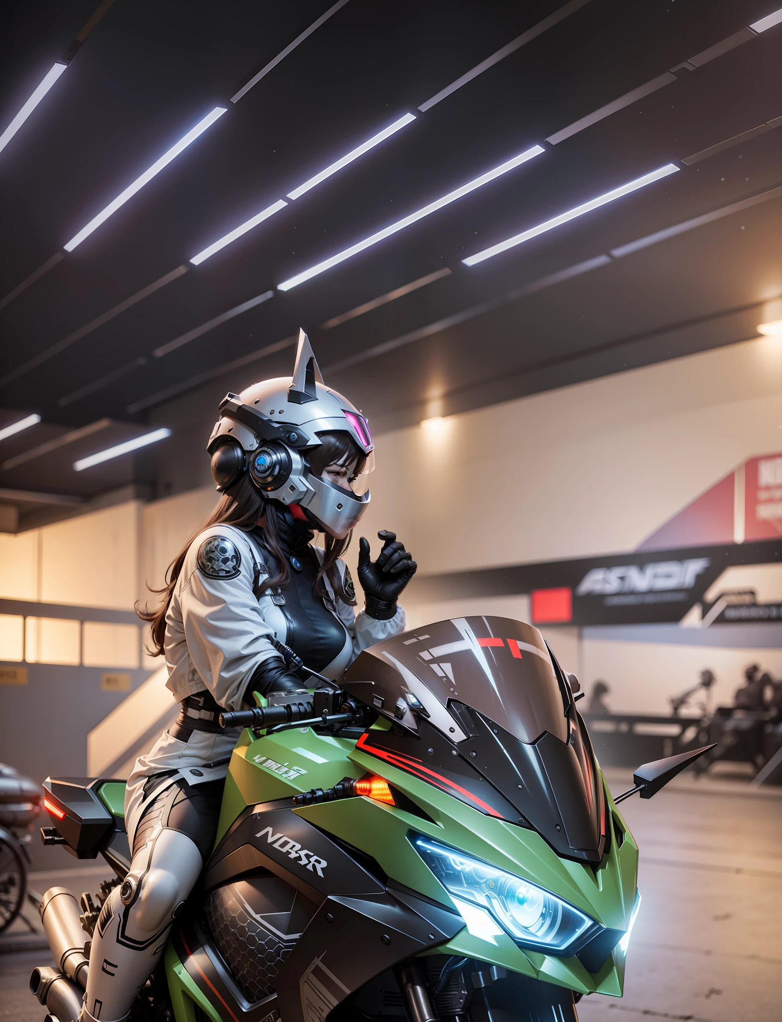 Cyber Warrior Woman and Cyber Mechanical Motorcycle, Nousr, Biomechanics, MSHN Robot Woman, Faceless, High-Tech Helmet, Hyperreal, Steel, Intricate Design, Crazy Details, Fine Details, Extremely Clear Lines, Cinematic Lighting, Photo Realistic, Detailed Masterpiece