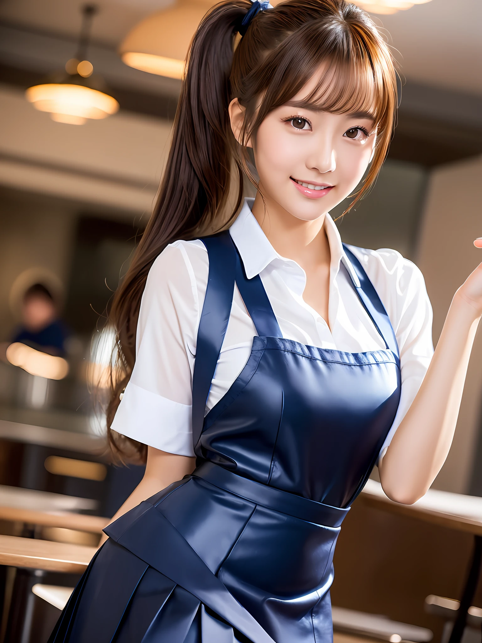 masterpiece, full body shot, front view, 1 woman per 1 photo, a Japanese young pretty woman, hyper pretty face, 18 years old, glamorous figure, glossy lips, big smile, wearing a waitress uniform of a restaurant, holding a shiny silver tray, ponytail hairstyle, double eyelids in both eyes, natural makeup, long eyelashes, shiny smooth light brown hair of medium length, asymmetrical bangs, tanned skin, wearing a dark blue pleated skirt, head in the frame, central image, 8K resolution, high detail, detailed hairstyle, Detailed Face, spectacular cinematic lighting, octane rendering, vibrant, hyper realistic, perfect limbs, perfect anatomy