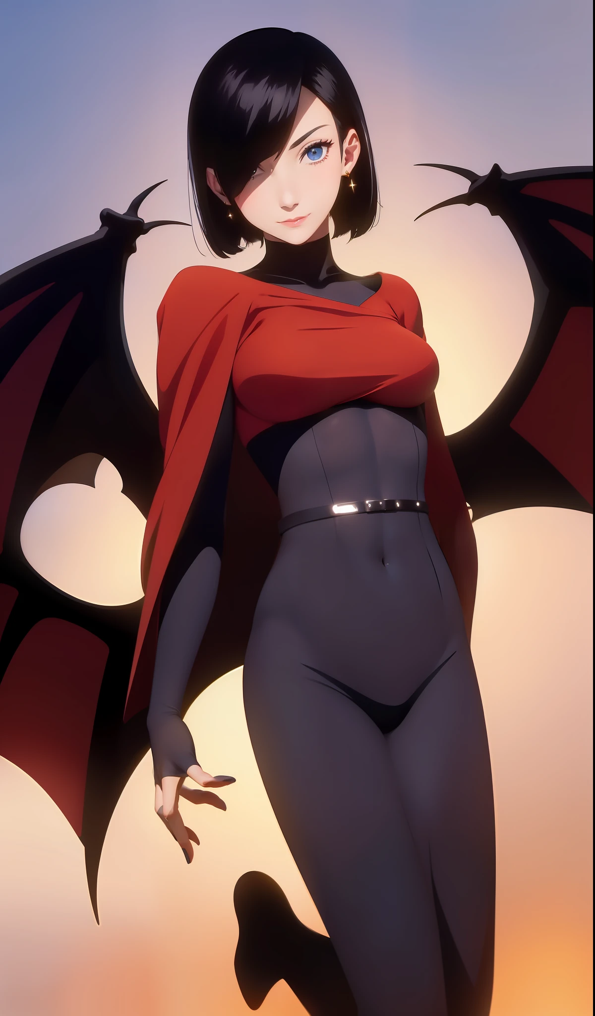 A sucubus of (short black hair: 1.9), blue eyes, dressed in a very large dark orange jacket (big clothes: 1.7), floating in the air, (bat wings: 1.8) wings open, hands raised in the air, black gloves, gold rings and earrings, light effects, circular colored effects, happy smile, tranquil look, big pink eyes, cute, no malice, medium breasts