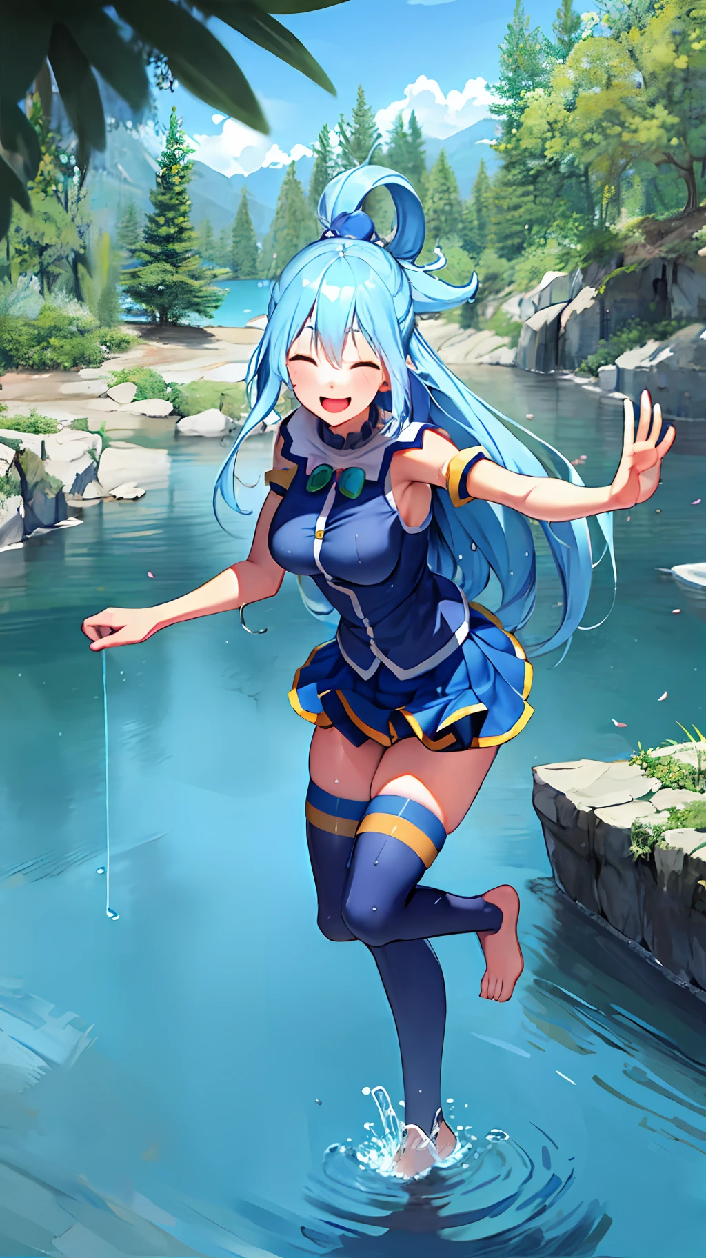 best quality, ultra-detailed, masterpiece,(masterpiece:1.2), hires, 8k,
extremely detailed CG unity 8 k wallpaper, unreal engine rendered,
illustration, painting, anime, comic, game cg,
aqua \(konosuba\), 1girl, solo, blue hair, long hair, blue eyes, medium breasts, barefoot,
fine fabric emphasis, white thighhighs, wet hair, wet clothes,  wet, sweat, (covered, zettai ryouiki, 
happy, smiley face, smile,laughing , open mouth, half-closed eyes, eyebrows visible through hair,Curved eyebrow,
dabble,  standing in the water, pov hands, outstretched arms,Palm up, jumping,
outdoors, petals on liquid, water, lake, river, beautiful detailed water, (water drops:1.4),
day, sunlight, 
depth of field,
good hands,