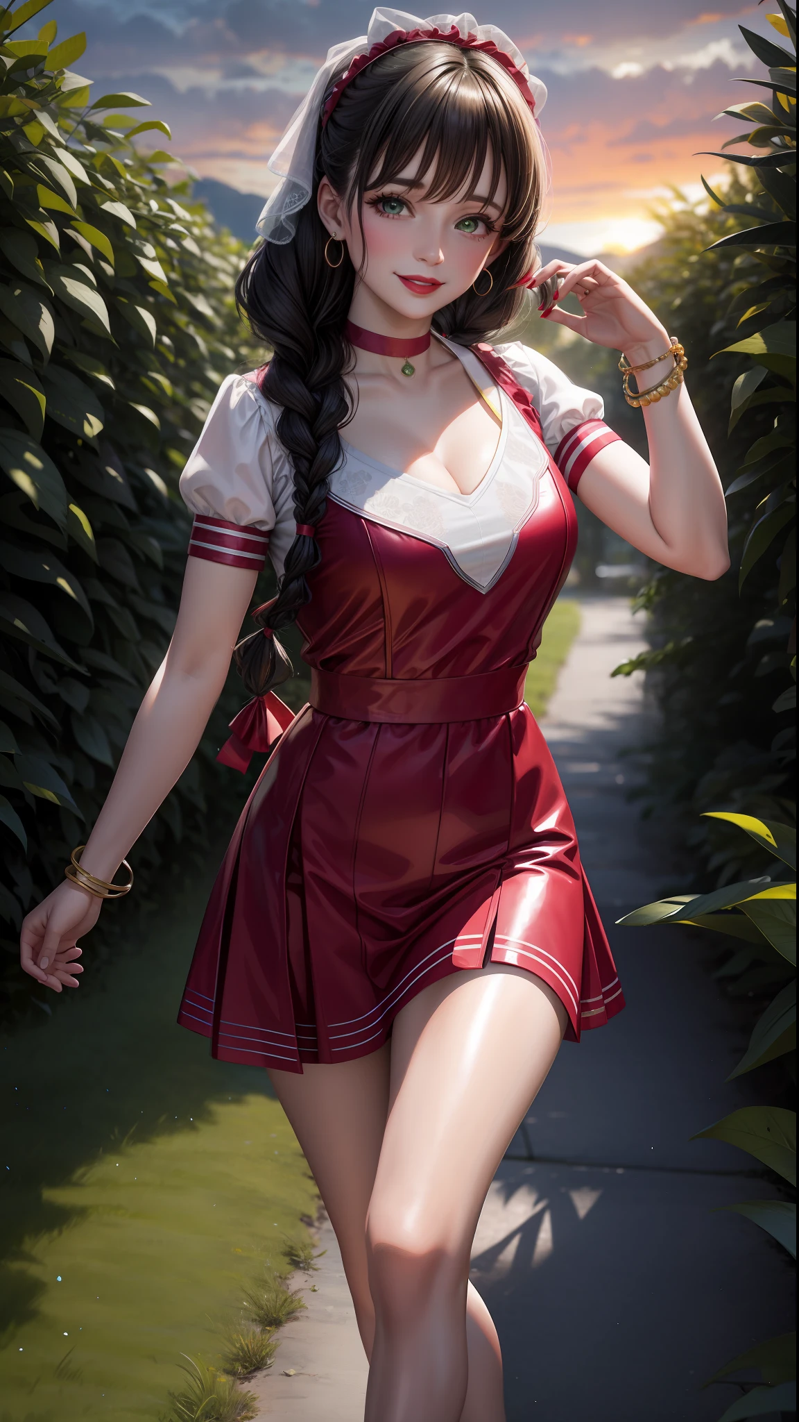 Melissa Rauch, best quality lora, masterpiece, hyper-realistic, high detail, semi-realistic, 8k, wavy black hair with two braids with original shine with ribbon and bow, cheerful face, happy smile, lips with red lipstick, intense green eyes with brightness, higher face resolution, adult, woman, woman dancing at sunset in a garden with some trees and hills in the distance with clouds,  old, late, red lingerie green and white, serene place, very seductive posture, choker, necklace, earring, cherry pink lipstick, bracelets