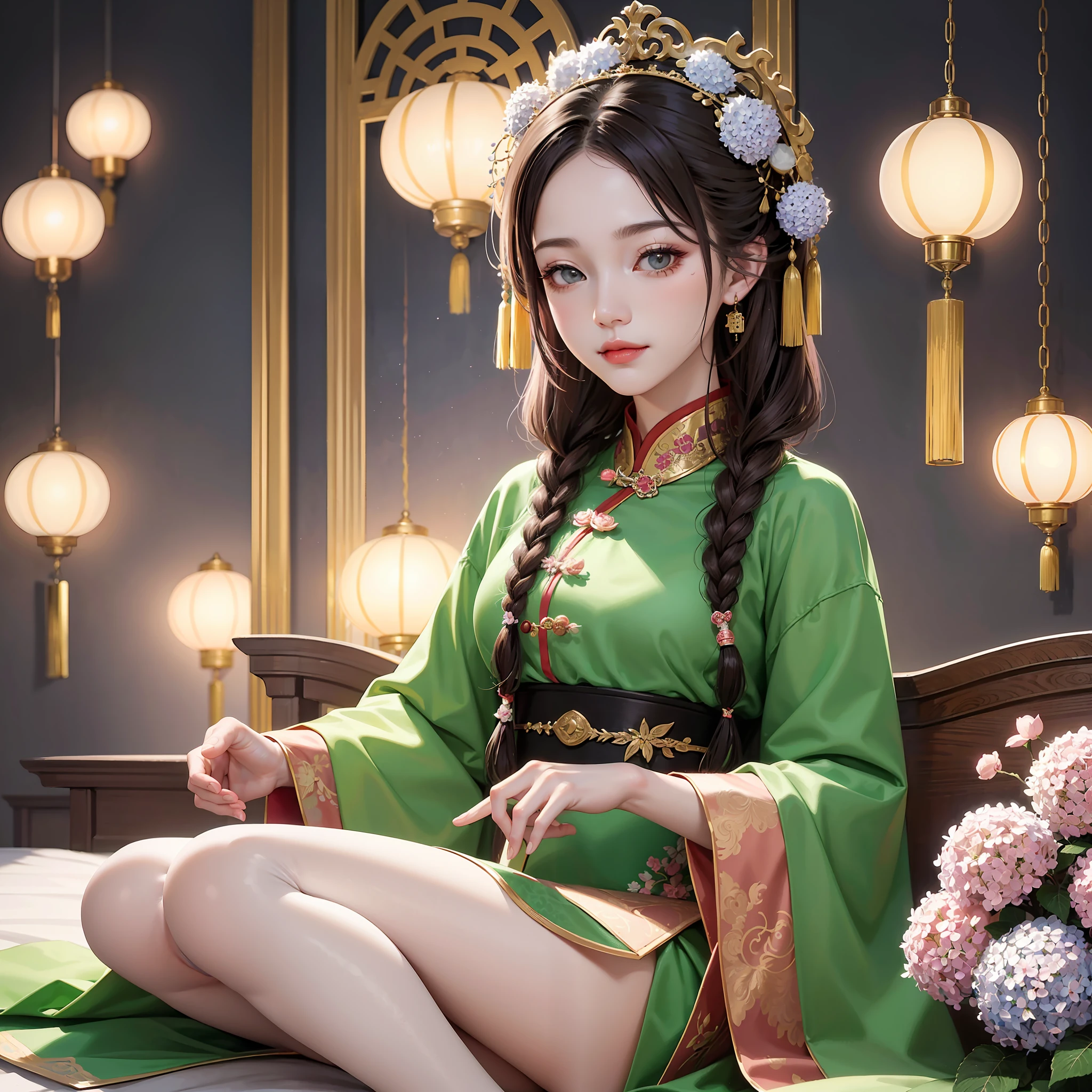 Masterpiece: The Best Night Full Moon 1 Female Mature Chinese Style Ancient Chinese Sister Royal Sister Smile Brown Hair Princess Cut Single Twist Braid Double Pill Head Light Pink Lips, Calm, Intellectual, Medium Hair, Green Eyes, Hairpin, Hydrangea,