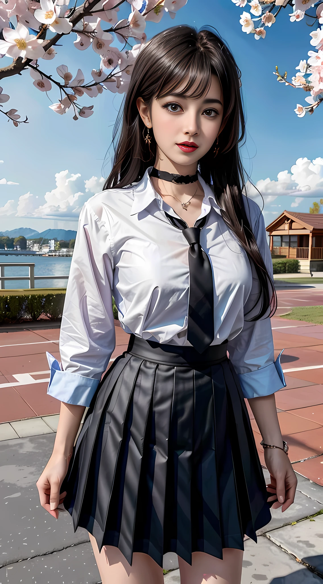 masterpiece, best quality, full body, 1girl, bangs, black choker, black necktie, black hair, blue skirt, blush, bracelet, breasts, choker, clothes around waist, collarbone, collared shirt, cowboy shot, dress shirt, ear piercing, eyebrows visible through hair, gradient hair, grin, gyaru, jewelry, kogal, long hair, looking at viewer, loose necktie, necktie, piercing, plaid, plaid skirt, pleated skirt, red eyes, ring, school uniform, shirt, skirt, smile, solo, white shirt, street, sky, cherry blossoms, petals,illustration, (magazine:1.3), (cover-style:1.3), fashionable, woman, vibrant, outfit, posing, front, colorful, dynamic, background, elements, confident, expression, holding, statement, accessory, majestic, coiled, around, touch, scene, text, cover, bold, attention-grabbing, title, stylish, font, catchy, headline, larger, striking, modern, trendy, focus, fashion,