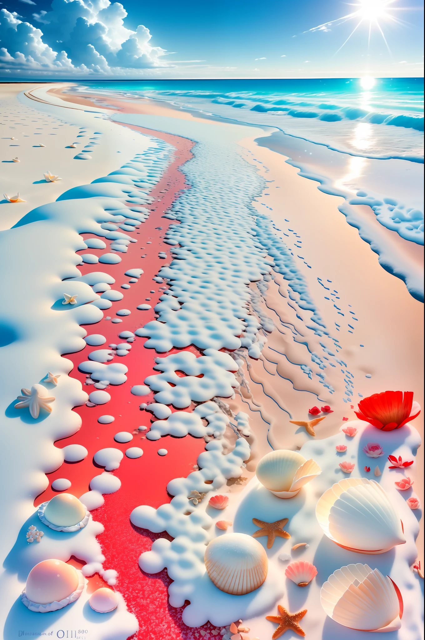 delicate scene,depth of field, 8K, The ivory sky,white clouds,and sunlight shine on the snow-white beach. The coral sea,and many colorful tinny shells on the beach,red roses, roses focus,