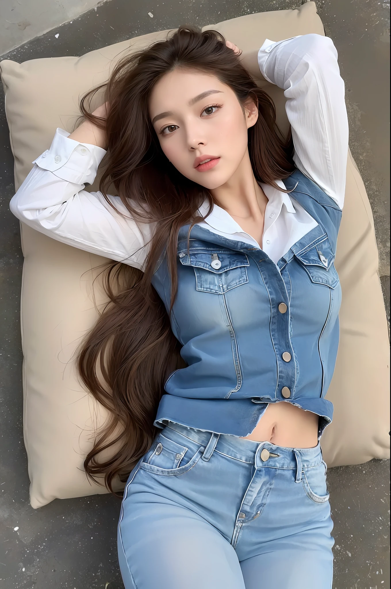 (Top Quality, 4k, Masterpiece: 1.3), Beautiful Woman, Woman 1, Dark Brown Hair: 1.1, Ultra-Detailed Face, Detailed Lips, Detailed Eyes, Double Eyelids, ((Full Body: 1.2)), Everyday Wear, Outdoor, Denim, ((White Shirt)), (Sneakers)), Lying on Your Back, Looking From Above