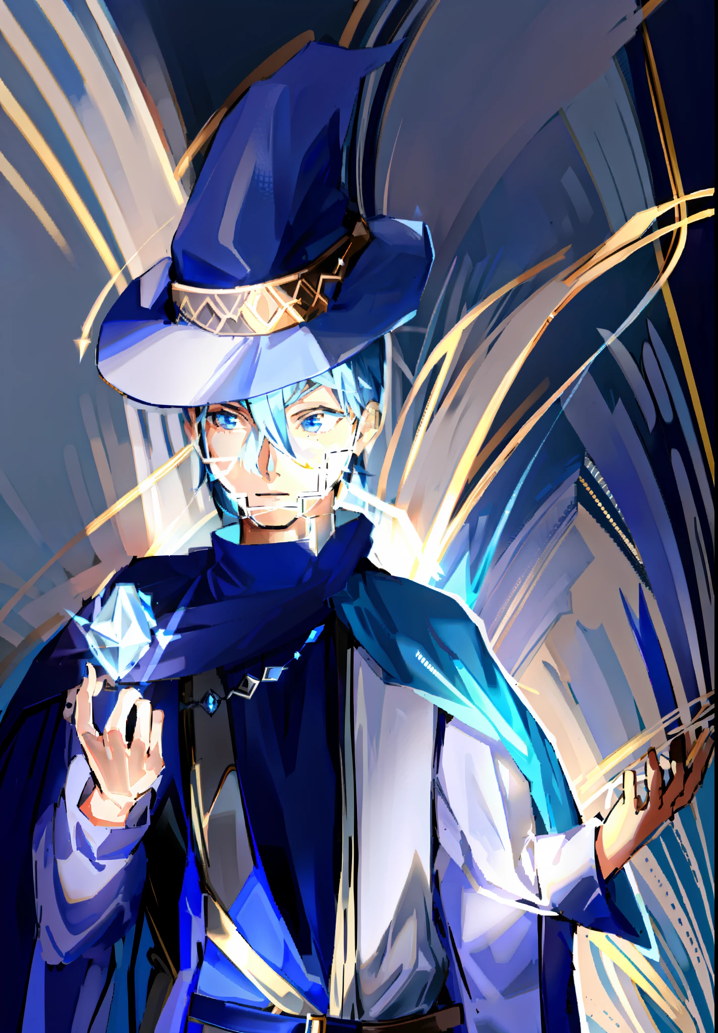 a drawing of a man in a blue hat and cape, wizard pondering his orb, young wizard, t-pose of wizard, male mage, ice mage, a sorceress throwing an ice ball, mage, young half-elf mage, t-pose of male magical mage, an arcane wizard casting a spell, dressed as a wizard, blue mage hat, wizarding man, light blue hair,dark blue hat,light blue hoodie,dark blue brusa with long sleeve,light blue belt