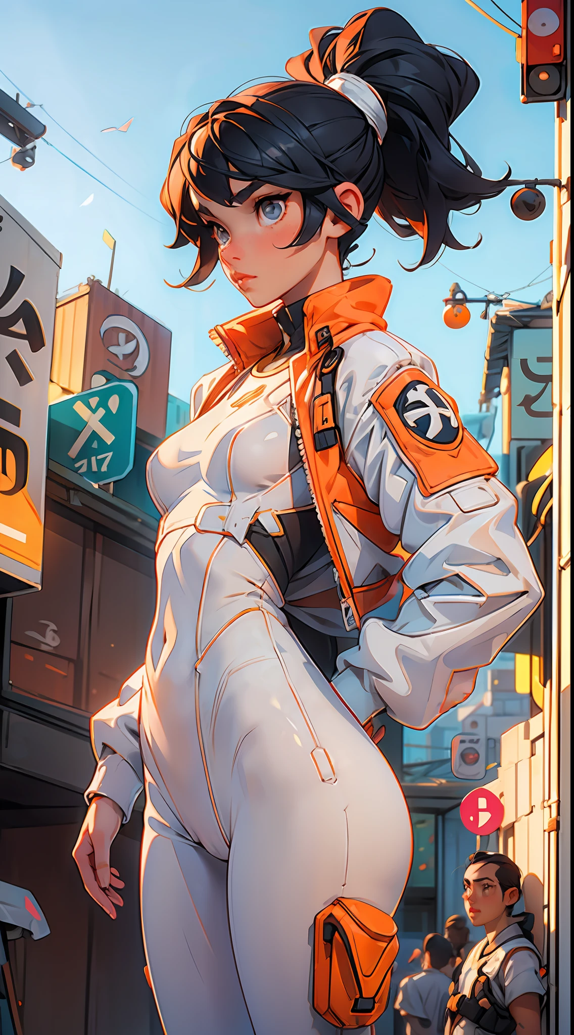 1Beautiful young woman with white sticky swimsuit (cameltoe) orange techwear jacket, long black hair, sparkling eyes, well-defined and sensual body, sexy pose; Blurry tokio street in the background