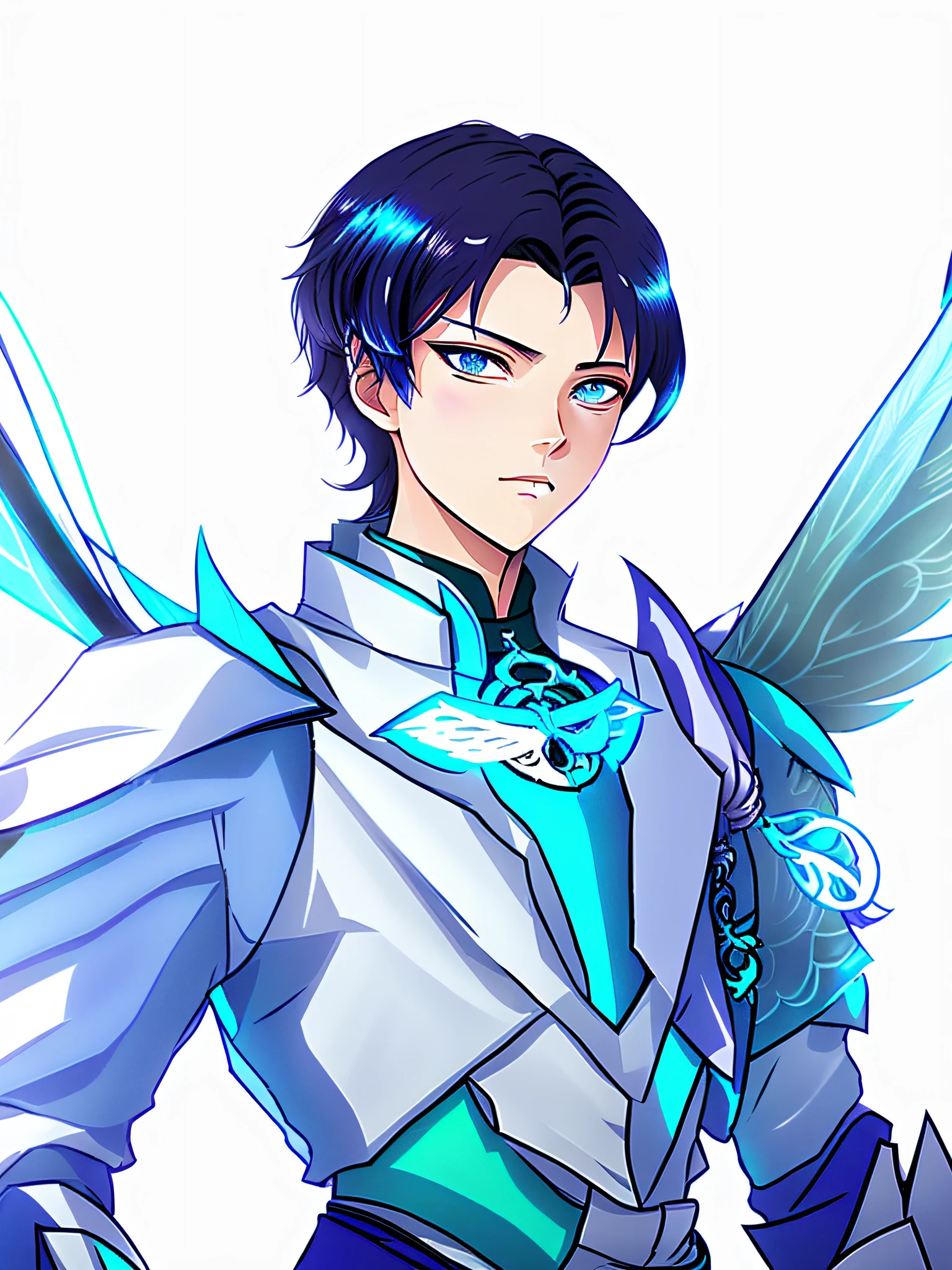 anime character with wings and a blue collar, a human male paladin, lance, pale blue armor, young wan angel, character art closeup, archangel, winged boy, handsome guy in demon slayer art, beautiful androgynous prince, delicate androgynous prince, arsen lupin as a paladin, official character art, hero 2 d fanart artsation