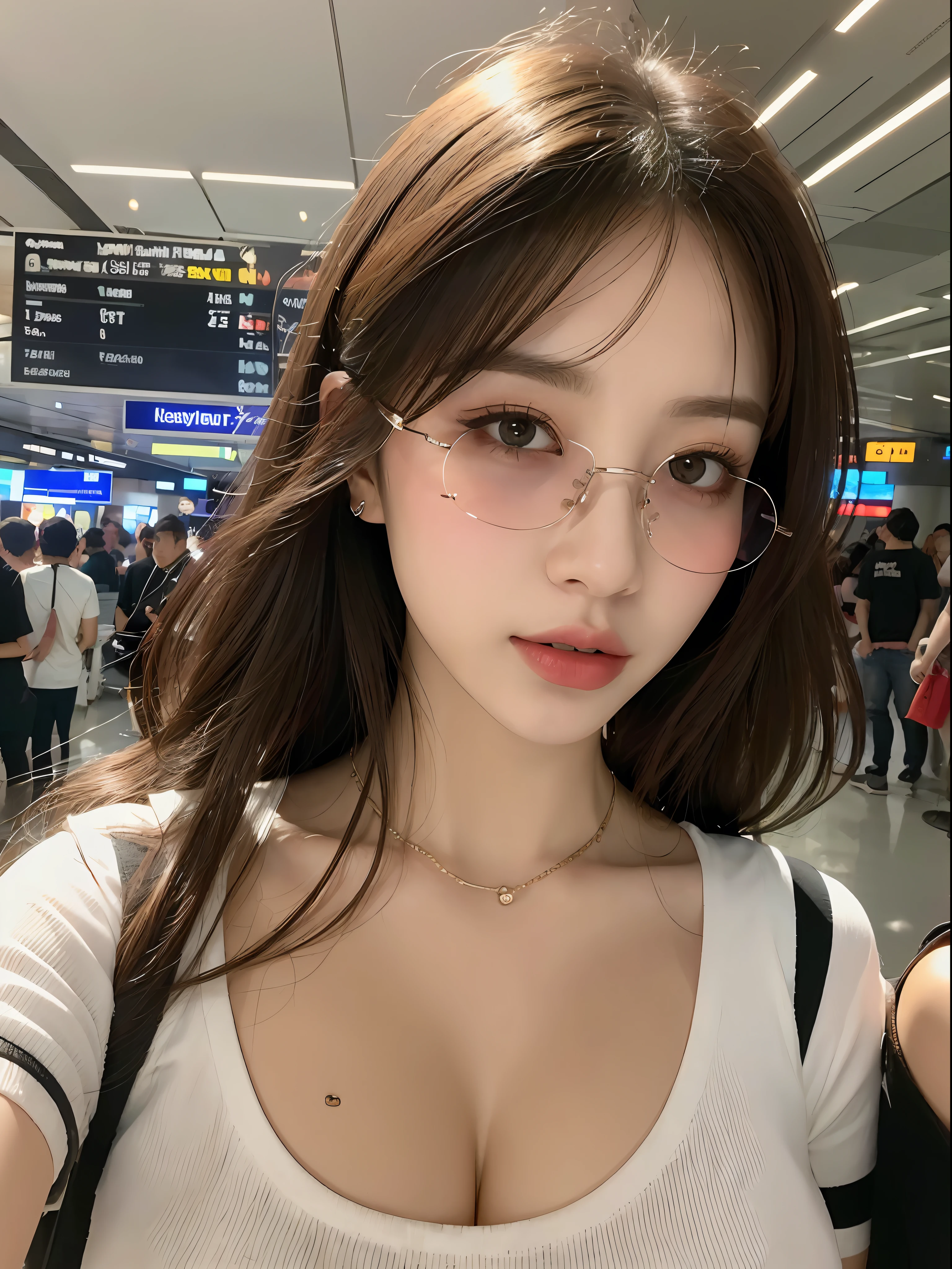 ((, Excellent, 8k, Masterpiece:1.3)), 1 female, selfie, sunglasses, focal length: 1.2, perfect body beauty: 1.4, slim abs: 1.1, (dark brown hair, big breasts: 1.2 )), (white short sleeves, standing: 1.2), ((airport lobby: 1.3)), highly detailed face and skin texture, detailed eyes, double eyelids