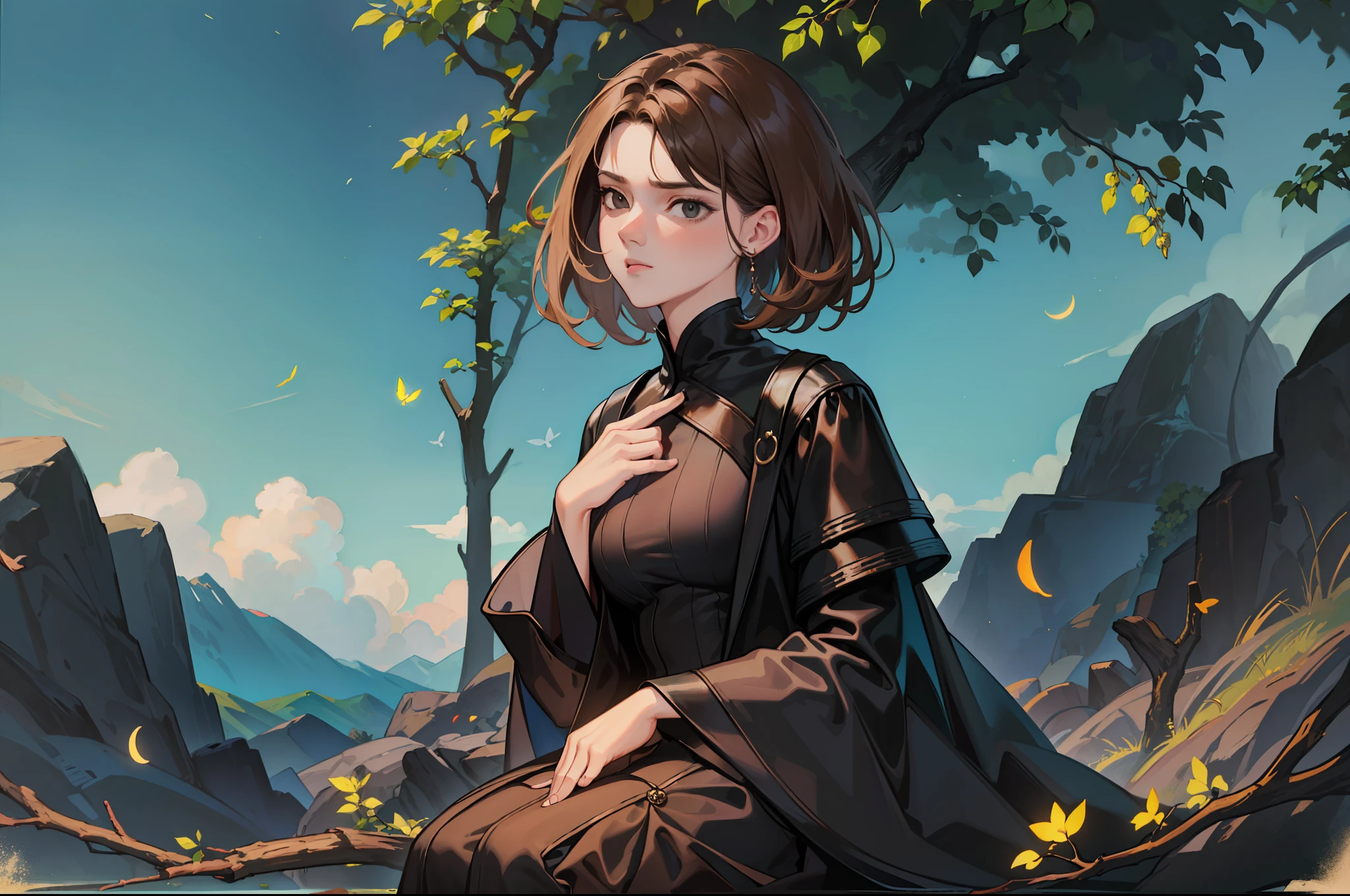 ((Superior quality, portraits, masterpieces, 8K: 1.3 wallpapers)), girl with short wavy brown hair (((SHORT HAIR))), obsidian-like black eyes (((BLACK EYES))), (((ANNOYING, SERIOUS LOOK))) sitting on a branch of a mueto tree, bioluminescent blue butterflies, dark hour, perfect shadows and reflections of the moon on the scene. black dress covered, dark clothes of MOURNING, CLOTHES COVERING THEIR SKIN, TUNIC.
