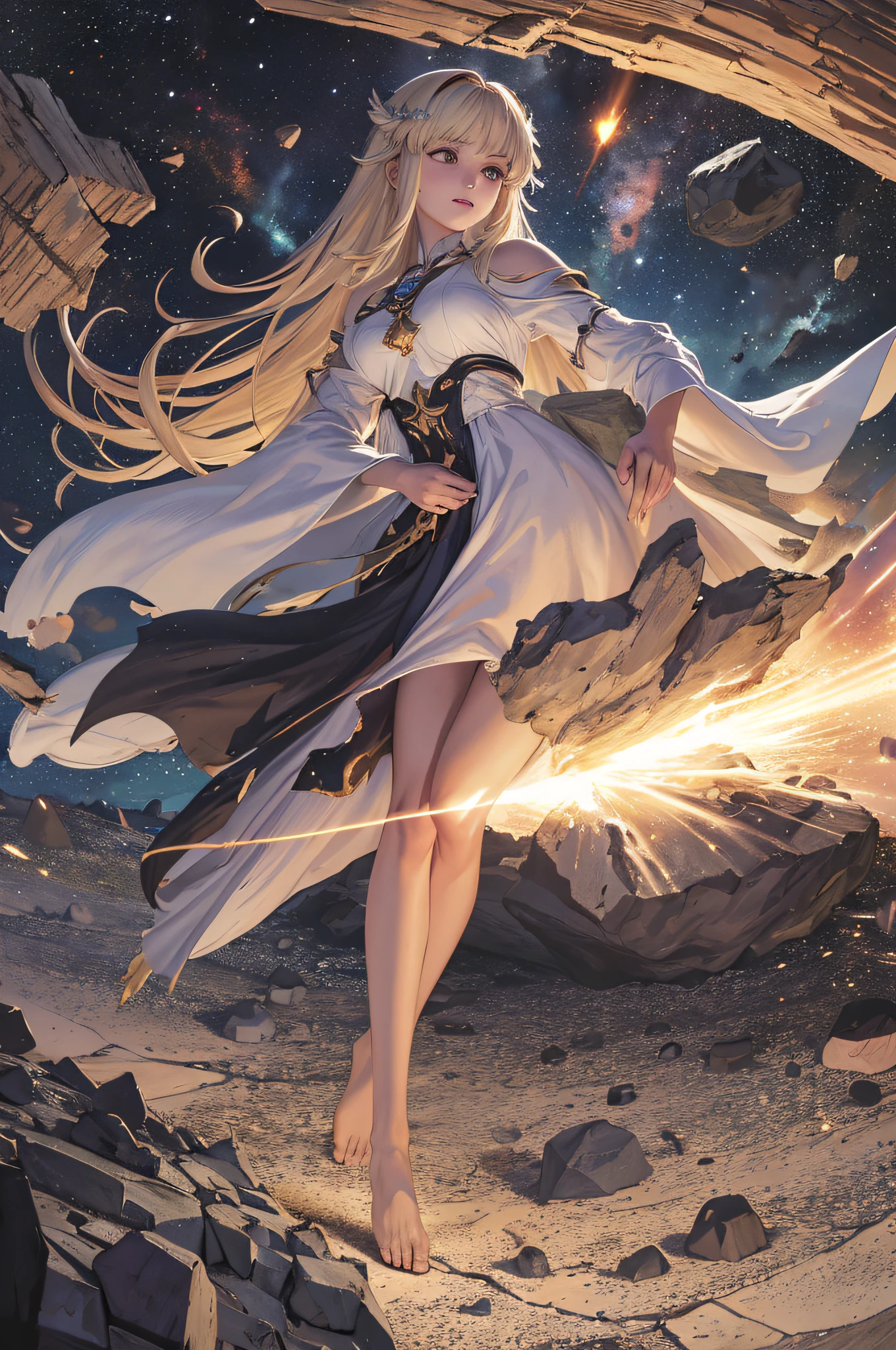 female barefoot summoner levitating with blonde hair robes and cape arms lifted up over a broken earth bright lava light from below asteroid field (jagged rocks boulders and debris shooting into the air:1.3) (windy dust debris storm:1.1) volumetric fog mist ray tracing z pass bright light from below, (masterpiece) (best quality) (detailed) (8k) (cinematic lighting) (sharp focus) (intricate)