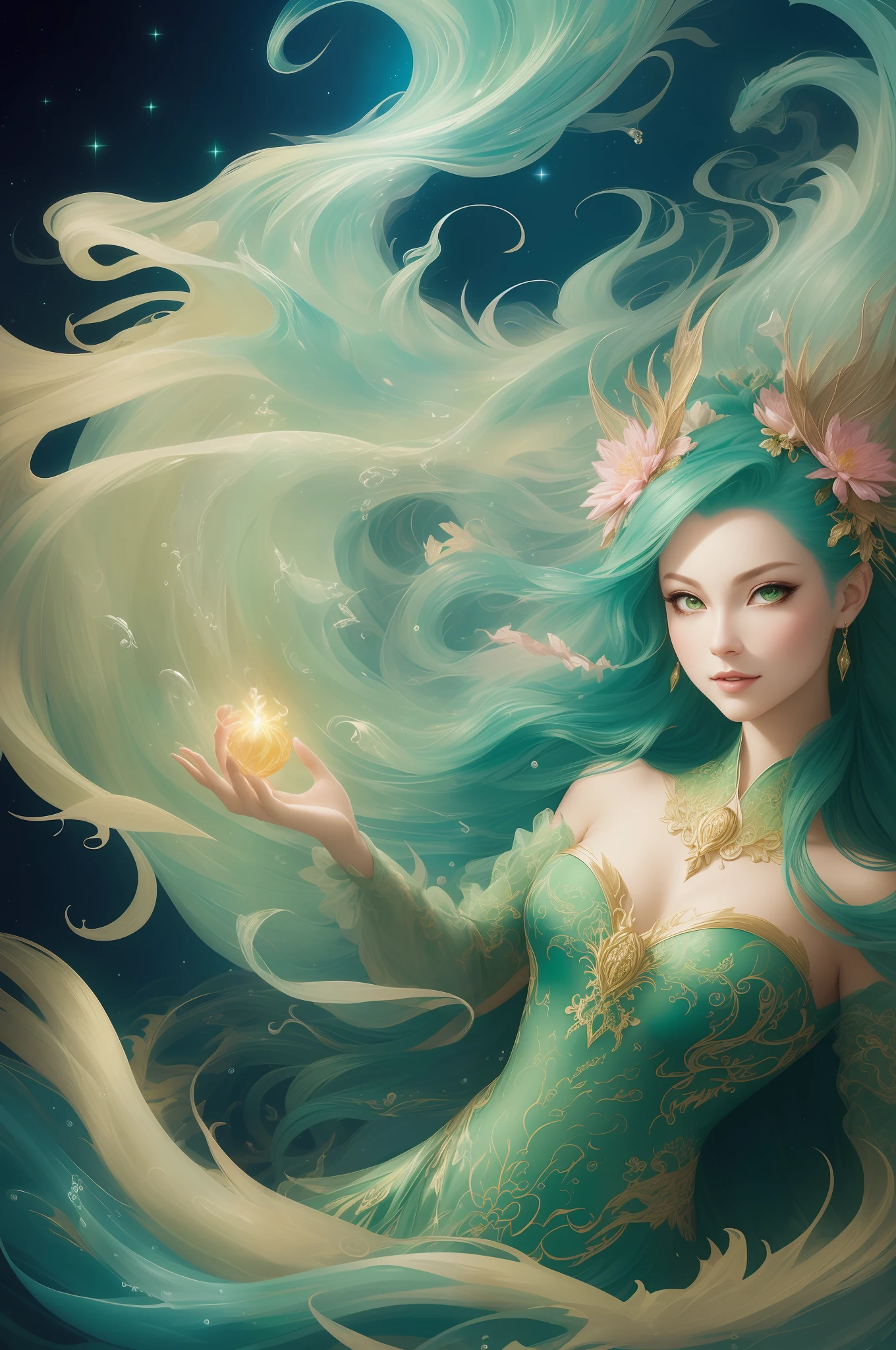 (((Gorgeous Dragon Princess)), a person, flowing wave-colored long hair, (bright beautiful eyes), trends on art stand, flowers of hope by Jean-Honor Fragonard, Peter Mohrbacher, super detailed, crazy detail, stunning, sophisticated, elite, art nouveau, gorgeous, liquid wax, elegant, luxurious, Greg Rutkowski, ink style, sticker, Vector art beautiful character design, double exposure shooting, luminous design, award-winning works, masterpiece, amoled black background, dragon girl graceful, light clouds, long sleeves flowing, starlight, emerald pupils, light luo tulle, green dragon phoenix, moonlight pouring, water waves, wings flying, danfeng rising sun, spring breeze, gorgeous rainbow, lotus bloom, green mountains and green water, cloud wonderland, heavenly sound