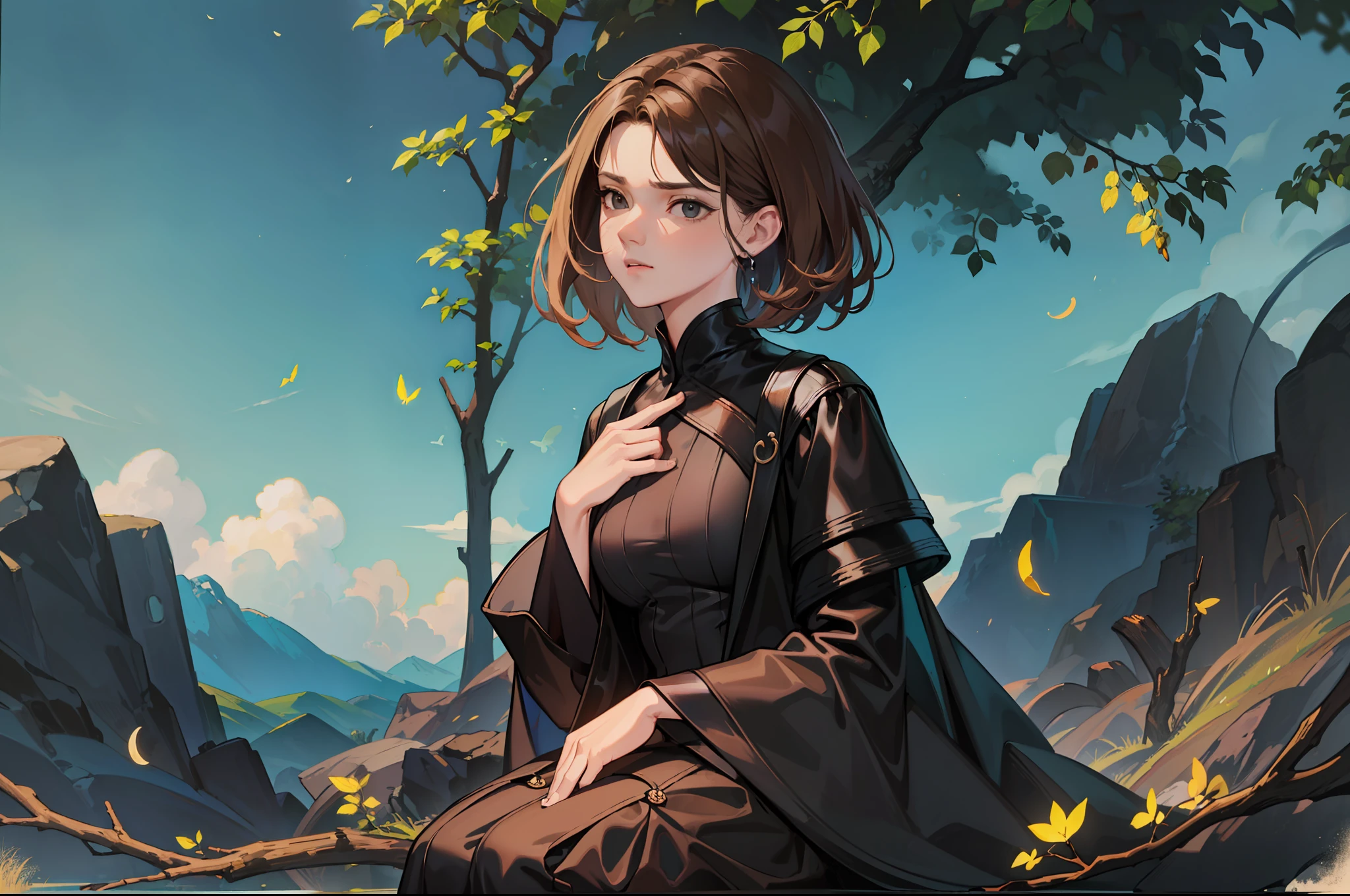 ((Superior quality, portraits, masterpieces, 8K: 1.3 wallpapers)), girl with short wavy brown hair (((SHORT HAIR))), obsidian-like black eyes (((BLACK EYES))), (((ANNOYING, SERIOUS LOOK))) sitting on a branch of a mueto tree, bioluminescent blue butterflies, dark hour, perfect shadows and reflections of the moon on the scene. black dress covered, dark clothes of MOURNING, CLOTHES COVERING THEIR SKIN, TUNIC.