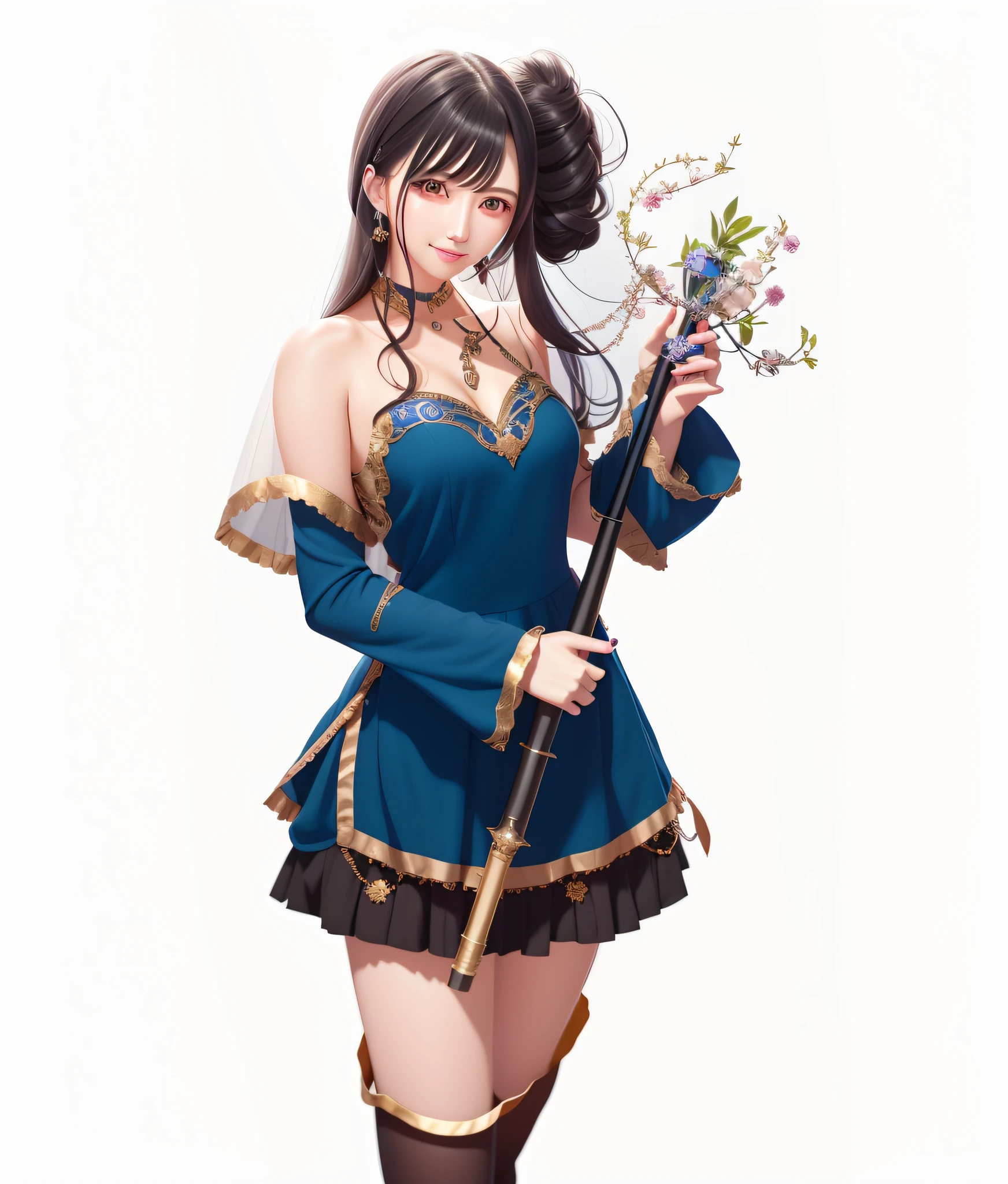 a woman in a blue dress holding a wand and a glass, ayaka genshin impact, ayaka game genshin impact, portrait knights of zodiac girl, jrpg character art, black - haired mage, jrpg character, keqing from genshin impact, natalie from epic battle fantasy, zhongli from genshin impact, official character art, marin kitagawa fanart