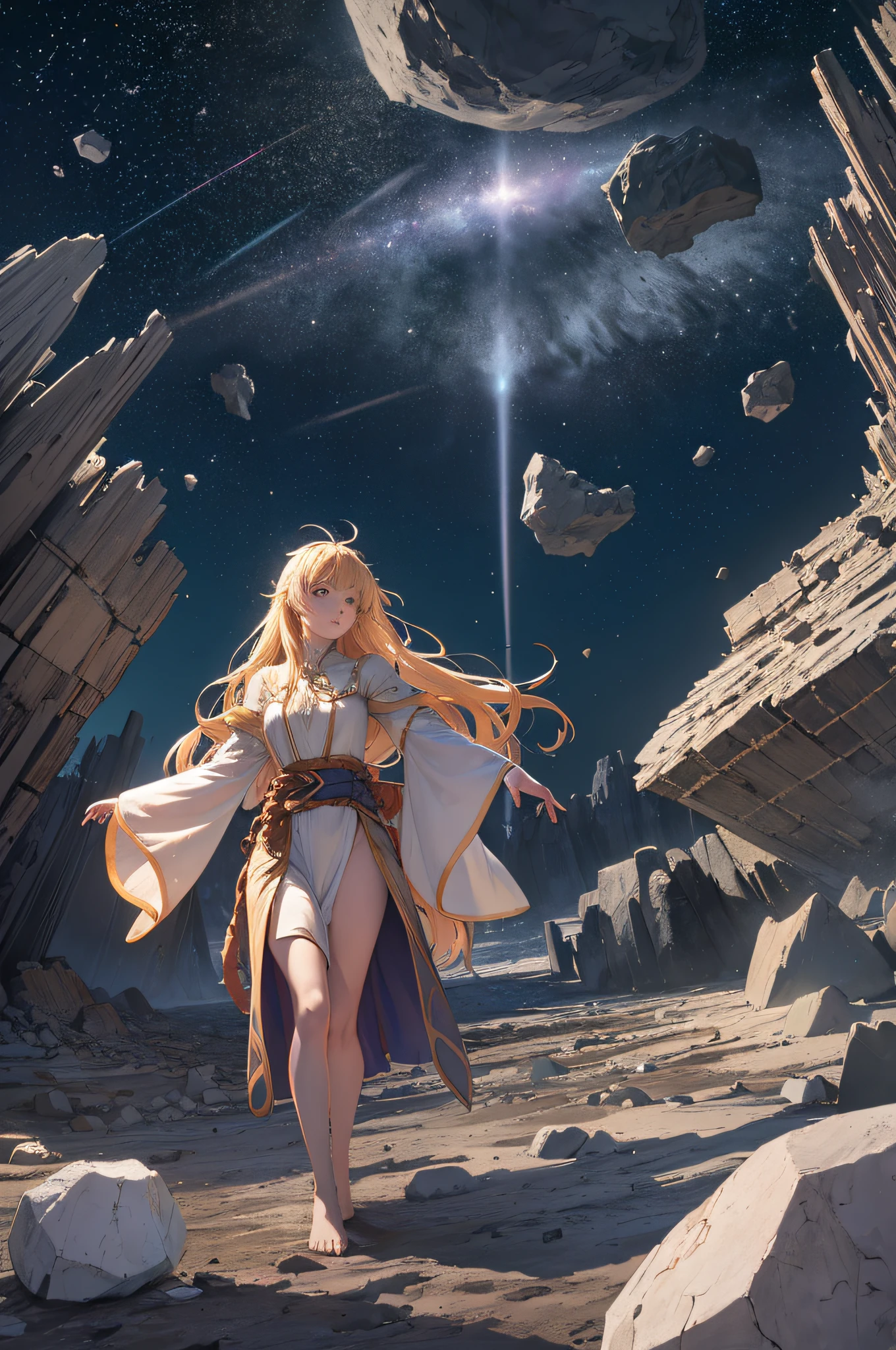 female barefoot summoner levitating with blonde hair robes and cape arms lifted up over a broken earth bright lava light from below asteroid field (jagged rocks boulders and debris shooting into the air:1.3) (windy dust debris storm:1.1) volumetric fog mist ray tracing z pass bright light from below, (masterpiece) (best quality) (detailed) (8k) (cinematic lighting) (sharp focus) (intricate)