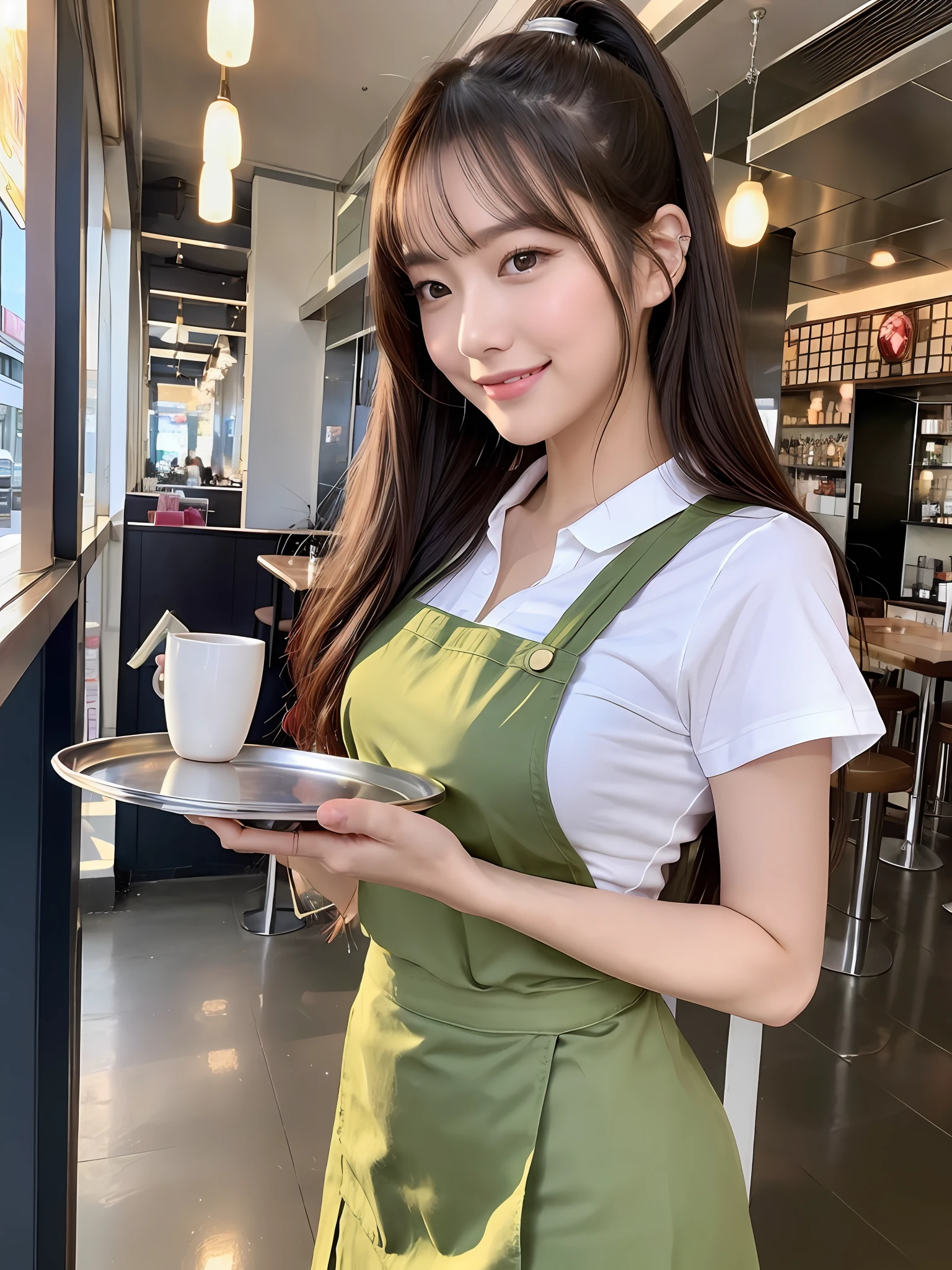 masterpiece, full body shot, front view, 1 woman per 1 photo, a Japanese young pretty woman, hyper pretty face, 18 years old, glamorous figure, glossy lips, big smile, working in a restaurant with a uniform of the restaurant, wearing a pink apron over the uniform, holding a shiny silver round big tray, high ponytail hairstyle, double eyelids in both eyes, natural makeup, long eyelashes, shiny smooth light brown hair of medium length, asymmetrical bangs, tanned skin, wearing a dark blue pleated skirt, head in the frame, central image, 8K resolution, high detail, detailed hairstyle, Detailed Face, spectacular cinematic lighting, octane rendering, vibrant, hyper realistic, perfect limbs, perfect anatomy