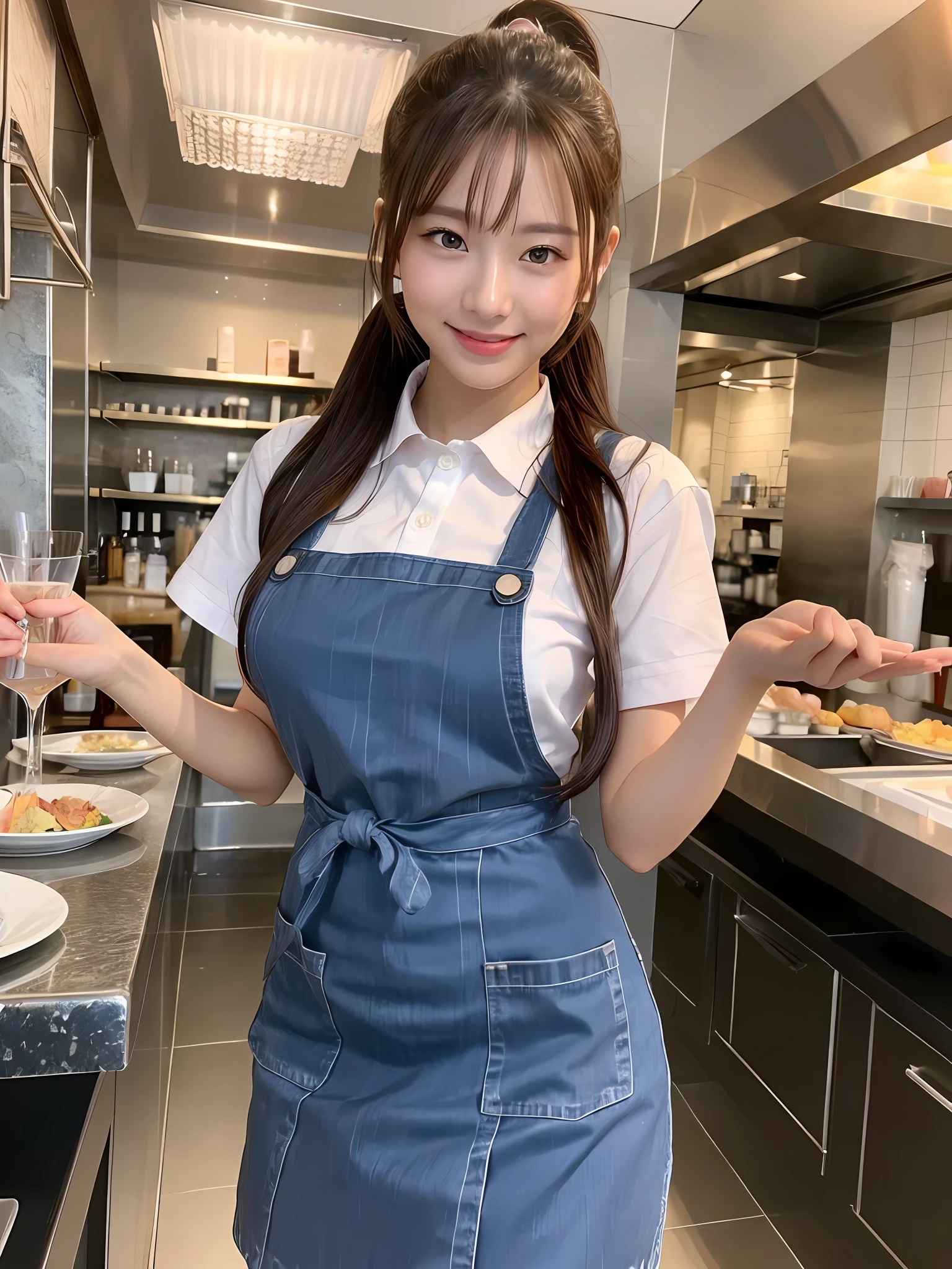 masterpiece, full body shot, front view, 1 woman per 1 photo, a Japanese young pretty woman, hyper pretty face, 18 years old, glamorous figure, glossy lips, big smile, working in a restaurant with a cute uniform of the restaurant, wearing a pink apron over the uniform, holding a shiny silver round big tray, high ponytail hairstyle, double eyelids in both eyes, natural makeup, long eyelashes, shiny smooth light brown hair of medium length, asymmetrical bangs, tanned skin, wearing a dark blue pleated skirt, head in the frame, central image, 8K resolution, high detail, detailed hairstyle, Detailed Face, spectacular cinematic lighting, octane rendering, vibrant, hyper realistic, perfect limbs, perfect anatomy