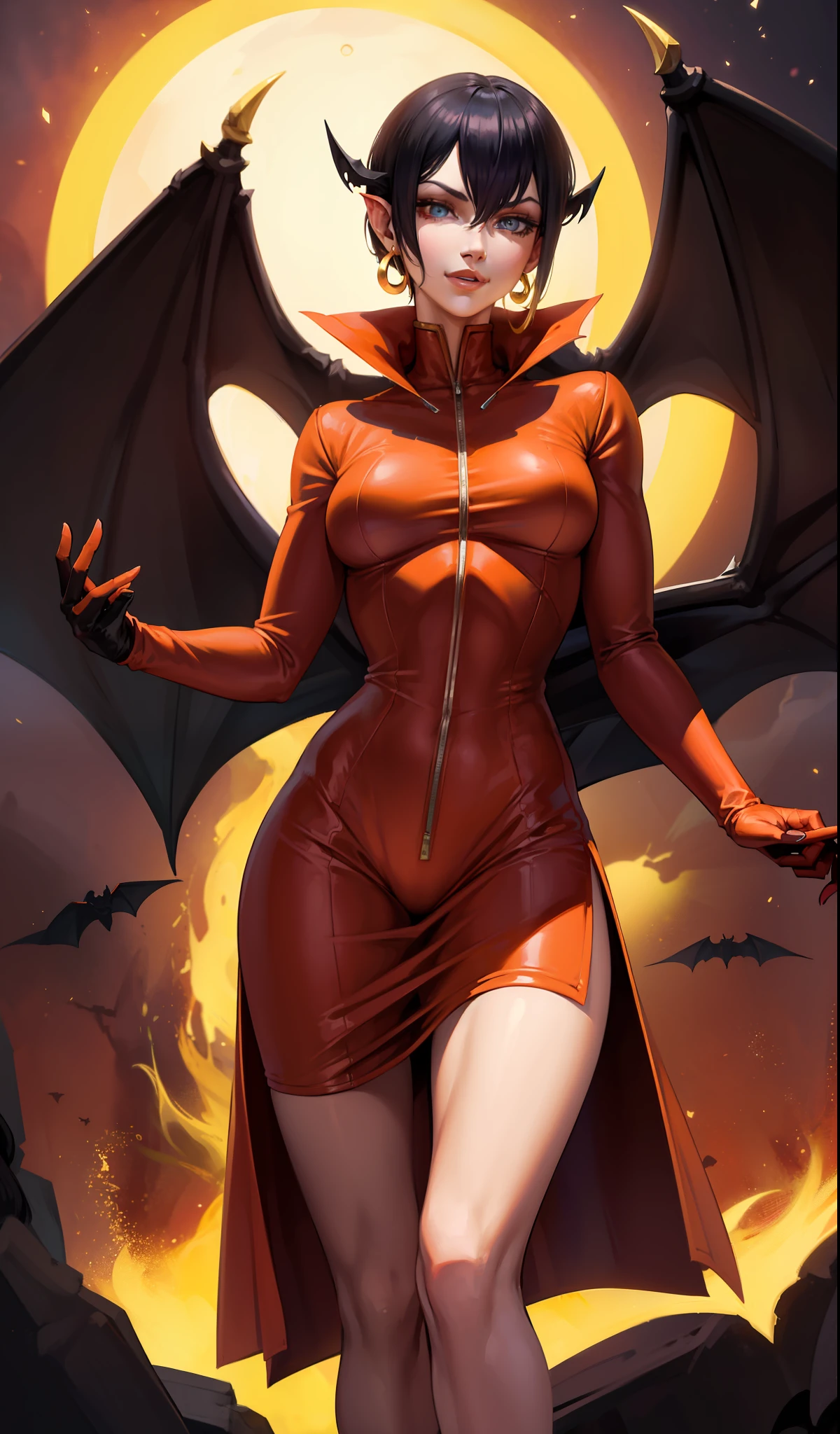 A sucubus of (short black hair: 1.9), blue eyes, dressed in a very large dark orange jacket (big clothes: 1.7), floating in the air, (bat wings: 1.8) wings open, hands raised in the air, black gloves, gold rings and earrings, light effects, circular colored effects, happy smile, tranquil look, big pink eyes, cute, no malice, medium breasts