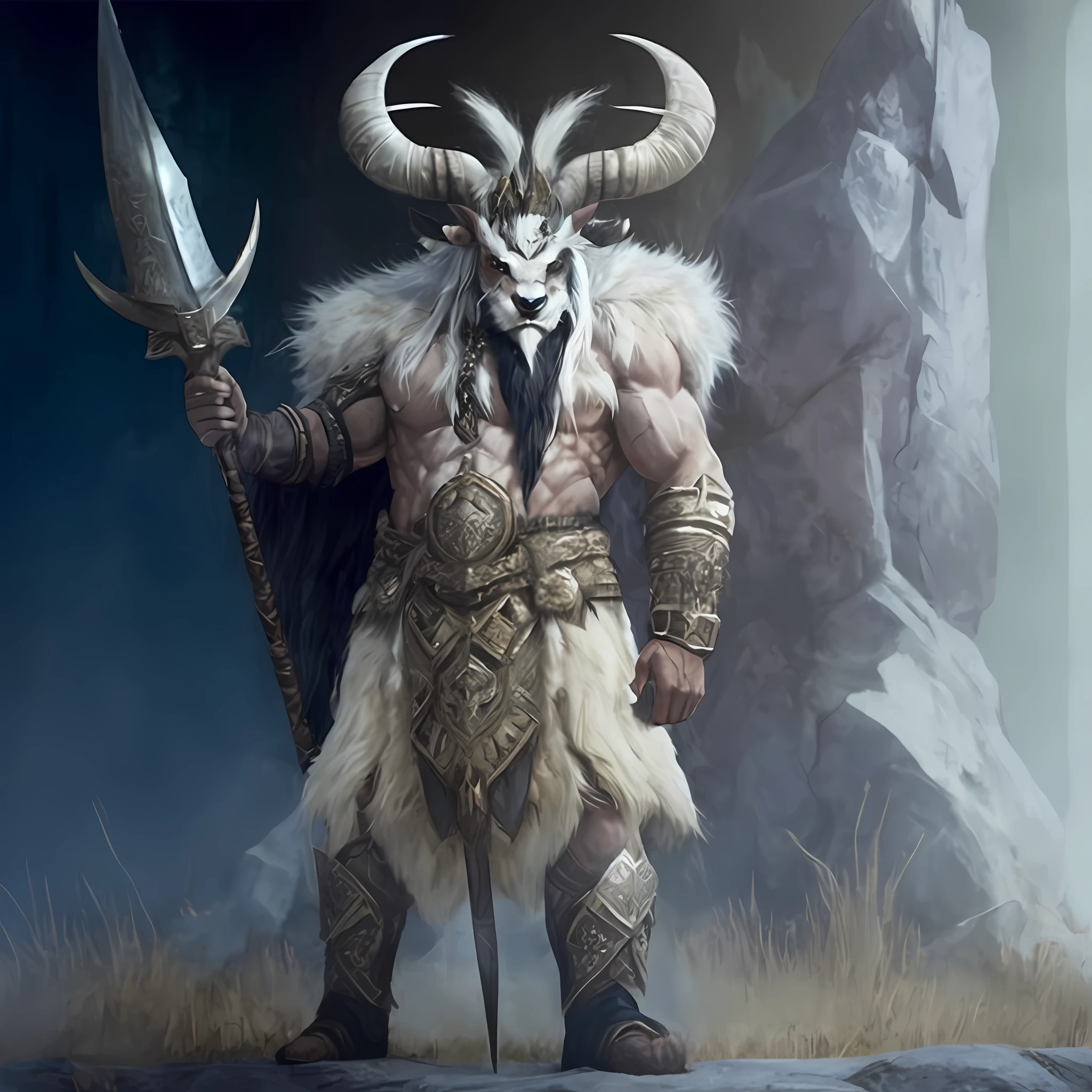 arafed male in a horned costume holding a sword and a shield, fit male demon with white horns, horned god, minotaur in ancient armor, minotaur warrior, cernunnos, barbarian class, beastman concept, barbarian, viking shaman, epic fantasy character art, fur-clad barbarian goliath, minotaur, a minotaur wolf