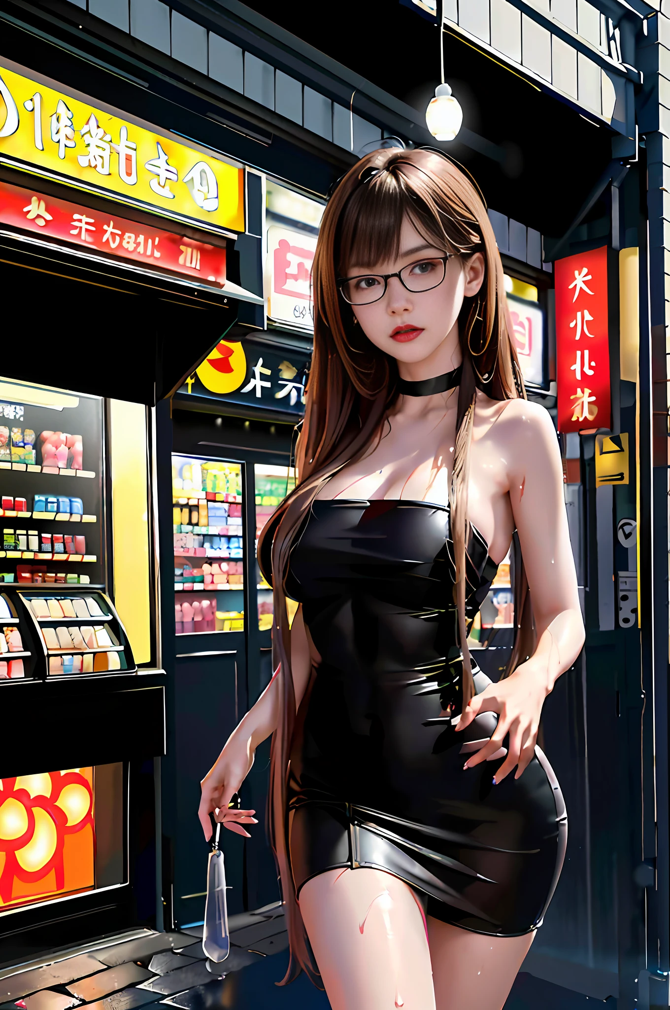 Woman in black tube dress walks through the entrance ofa Japanese convenience store at night, moonlight, artificial lighting, (masterpiece:1.5, best quality:1.5), realistic, (hyper realistic:1.5), (photo realistic:1.5), (real picture, intricate details), (not looking at viewer), (8k wallpaper:1.5) (full body view:1.15), (detailed face:1.5), (detailed eyes:1.5), (sharp photo),highly detailed, ultra-detailed, ultra high res, Cinematic Light, Lens Flare, high quality shadows, Ray tracing, sharp focus, (1girl, __focus__:1.3), (intricate details, PureErosFace_V1:1.5), ((large breasts)), (((sad expression)), pouting, looking downwards, (nsfw:1.5), athletic build, toned arms, Asian, Korean model, sweaty body, dripping wet, blushing cheeks,
Style - realistic, hyper-realistic
Location - Japanese convenience store at night,
Background - convenience store shelves stocked with Japanese products, bright colorful displays,
Subject - sexy Asian woman with ((long chestnut brown hair)) and swept bangs, Outfit - (tight black tube dress), simple black dress, choker, miniskirt, gold jewelry, (black thick-rimmed oversized glasses),
