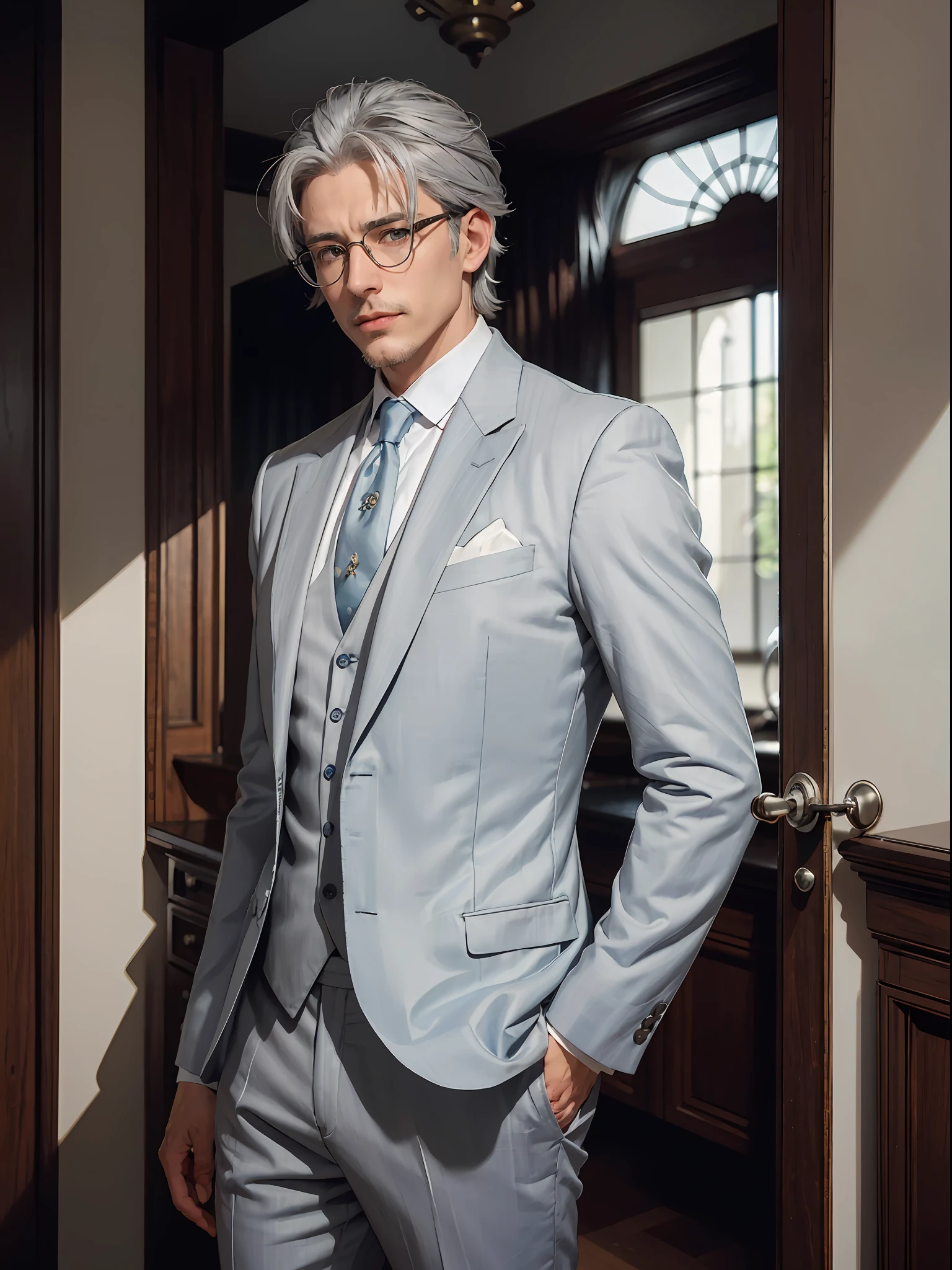 A man with gray hair and wearing rimless glasses. 1 Boy, 30 year old adult, gray hair, straight hair, short hair, side parted, slim, tall. Decorative light blue suit. no tie. decorative button. stylish. fantasy.Alphonse Mucha,Paul M Smith