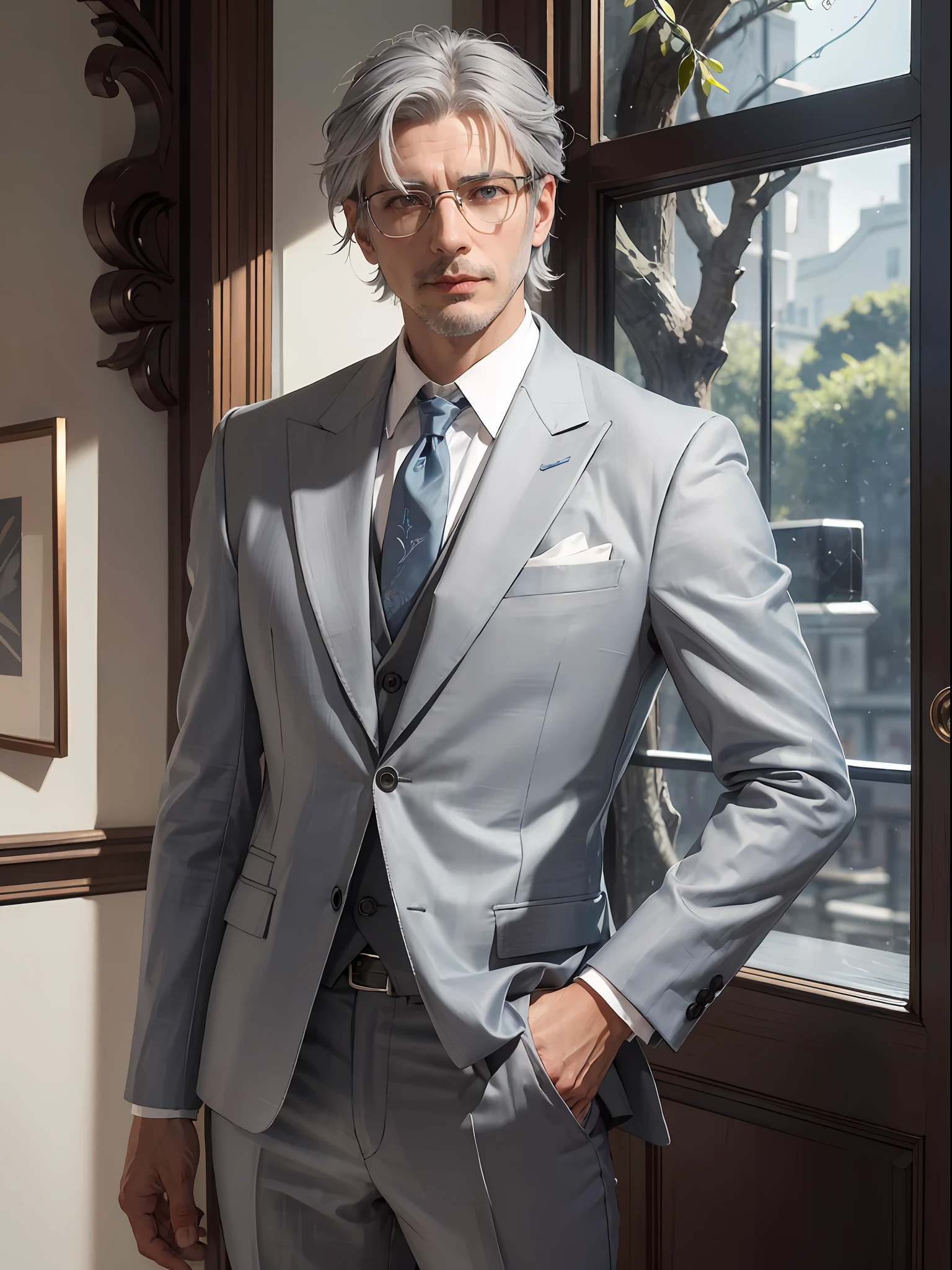 A man with gray hair and wearing rimless glasses. 1 Boy, 30 year old adult, gray hair, straight hair, short hair, side parted, slim, tall. Decorative light blue suit. no tie. decorative button. stylish. fantasy.Alphonse Mucha,Paul M Smith