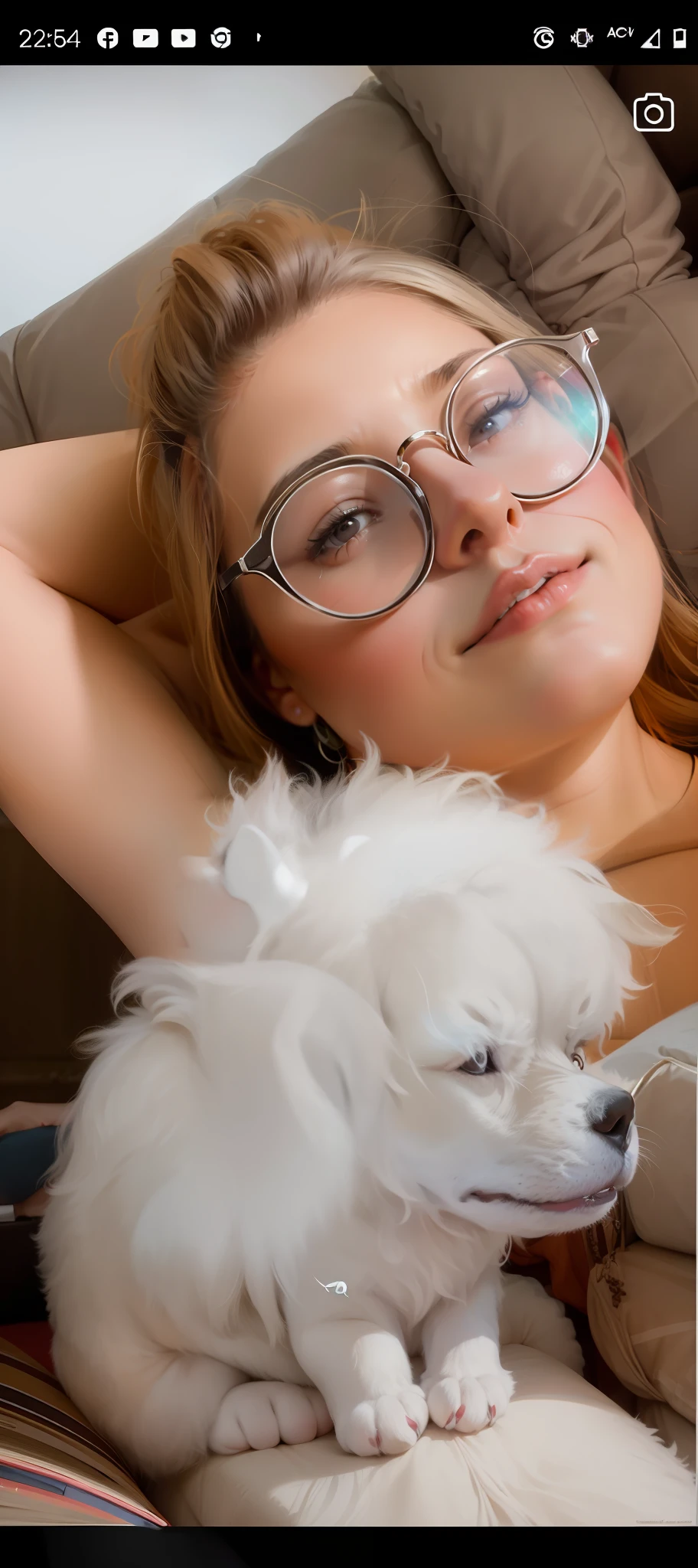 Bespectacled woman keep the original face of the photo with her white dog poodle on the living room couch