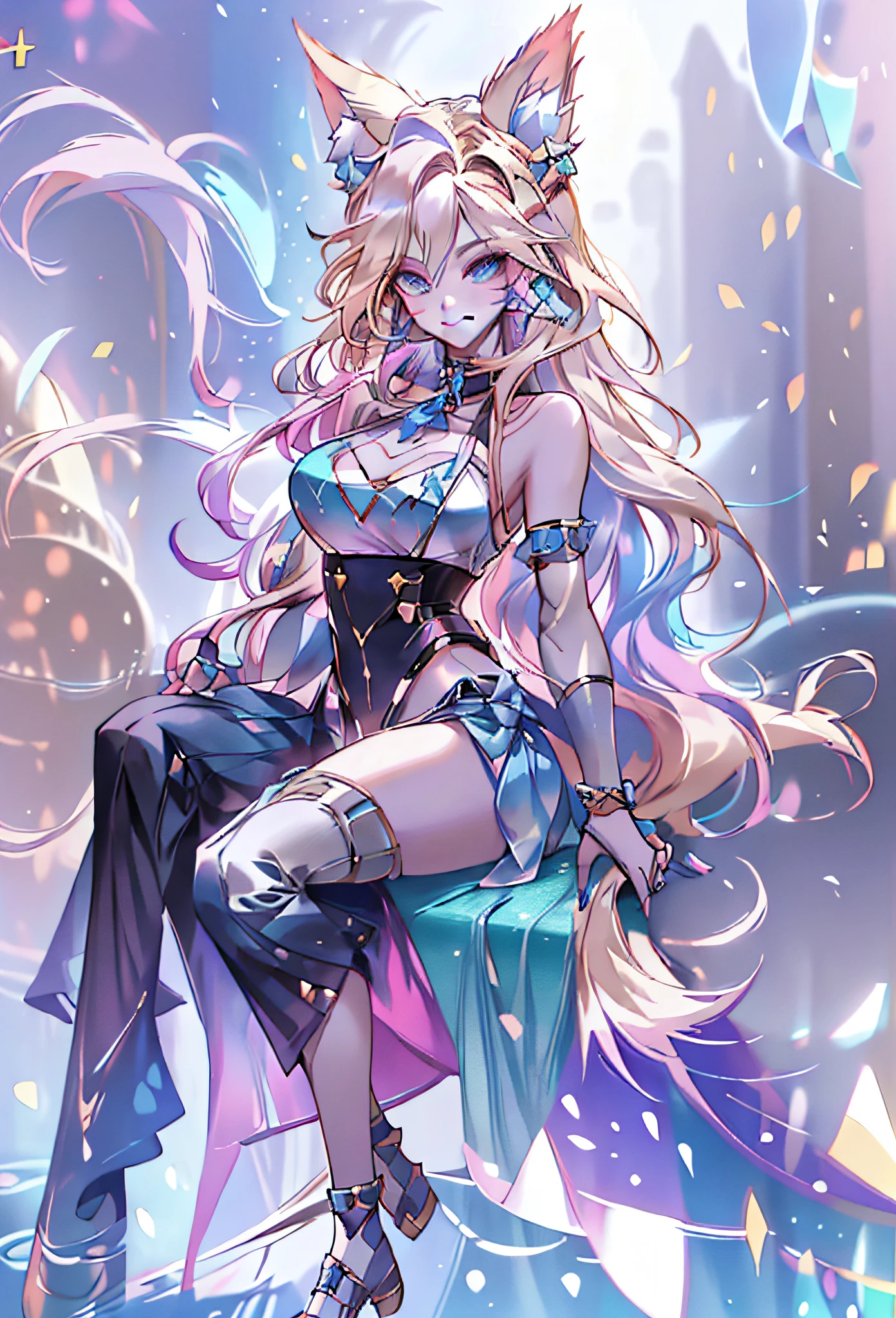 masterpiece, best quality, highres, ahri1, 1girl, solo, blonde hair, k/da \(league of legends\), long hair, multicolored hair, open hair, blue eyes, two-tone hair, large breasts, poolside, micro bikini, smile, sitting,