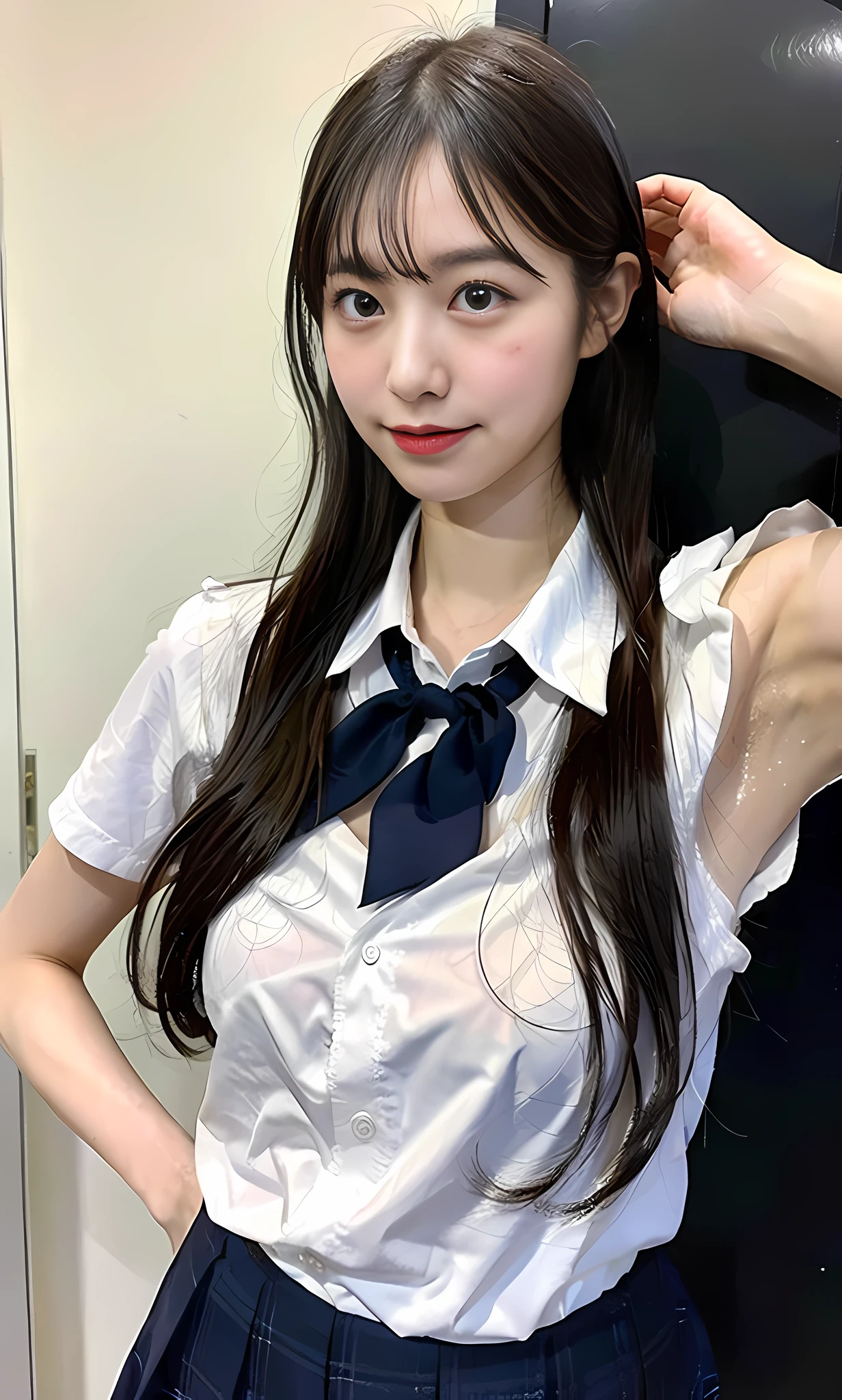 Split image of 2 parts, Japan girl in high school uniform, white skin, full body, armpit hair, (big with sides and face wet with sweat