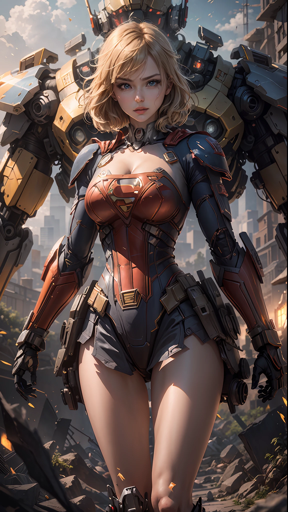 ((Best Quality)), ((Supergirl masterpiece)), (highly detailed: 1.3), 3D, Shitu-mecha, beautiful cyberpunk women with their mecha in the ruins of the city of a lost war, ancient technology, blonde with blue eyes, superman symbol S on the chest, (High Dynamic Range), Ray Tracing, NVIDIA RTX, Super-Resolution, Unreal 5, Subsurface Scattering, PBR Texturing, Post-processing, Anisotropic filtering, Depth of field,  Maximum clarity and sharpness, Multilayer textures, Albedo and specular maps, Surface shading, Accurate simulation of light-material interaction, Perfect proportions, Octane Render, two-tone lighting, Low ISO, white balance, rule of thirds, wide aperiature, 8K RAW, efficient sub-pixel, sub-pixel convolution, luminescent particles, light scattering, Tyndall effect