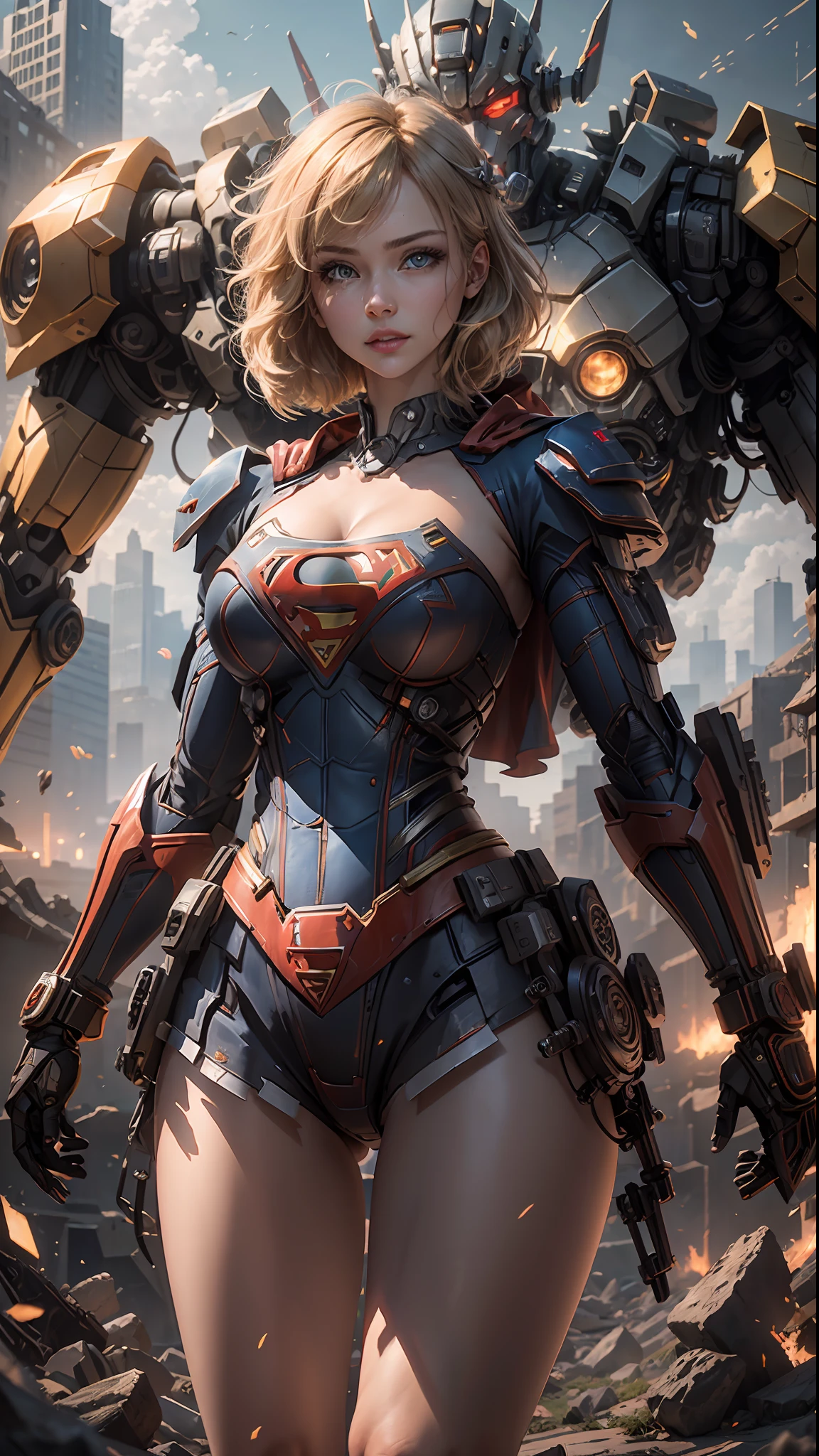 ((Best Quality)), ((Supergirl masterpiece)), (highly detailed: 1.3), 3D, Shitu-mecha, beautiful cyberpunk women with their mecha in the ruins of the city of a lost war, ancient technology, blonde with blue eyes, superman symbol S on the chest, (High Dynamic Range), Ray Tracing, NVIDIA RTX, Super-Resolution, Unreal 5, Subsurface Scattering, PBR Texturing, Post-processing, Anisotropic filtering, Depth of field, Maximum clarity and sharpness, Multilayer textures, Albedo and specular maps, Surface shading, Accurate simulation of light-material interaction, Perfect proportions, Octane Render, two-tone lighting, Low ISO, white balance, rule of thirds, wide aperiature, 8K RAW, efficient sub-pixel, sub-pixel convolution, luminescent particles, light scattering, Tyndall effect