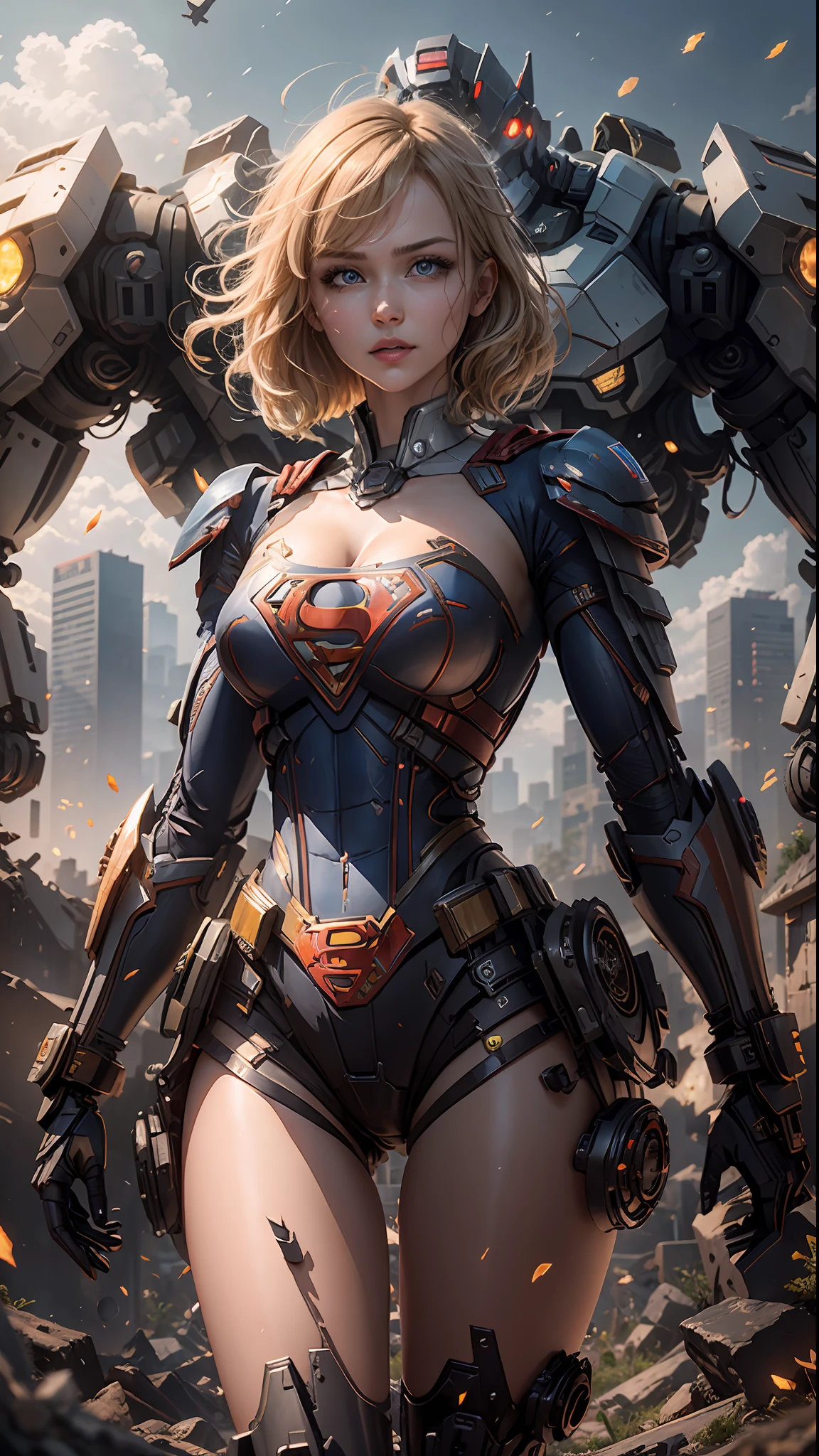 ((Best Quality)), ((Supergirl masterpiece)), (highly detailed: 1.3), 3D, Shitu-mecha, beautiful cyberpunk women with their mecha in the ruins of the city of a lost war, ancient technology, blonde with blue eyes, superman symbol S on the chest, (High Dynamic Range), Ray Tracing, NVIDIA RTX, Super-Resolution, Unreal 5, Subsurface Scattering, PBR Texturing, Post-processing, Anisotropic filtering, Depth of field,  Maximum clarity and sharpness, Multilayer textures, Albedo and specular maps, Surface shading, Accurate simulation of light-material interaction, Perfect proportions, Octane Render, two-tone lighting, Low ISO, white balance, rule of thirds, wide aperiature, 8K RAW, efficient sub-pixel, sub-pixel convolution, luminescent particles, light scattering, Tyndall effect