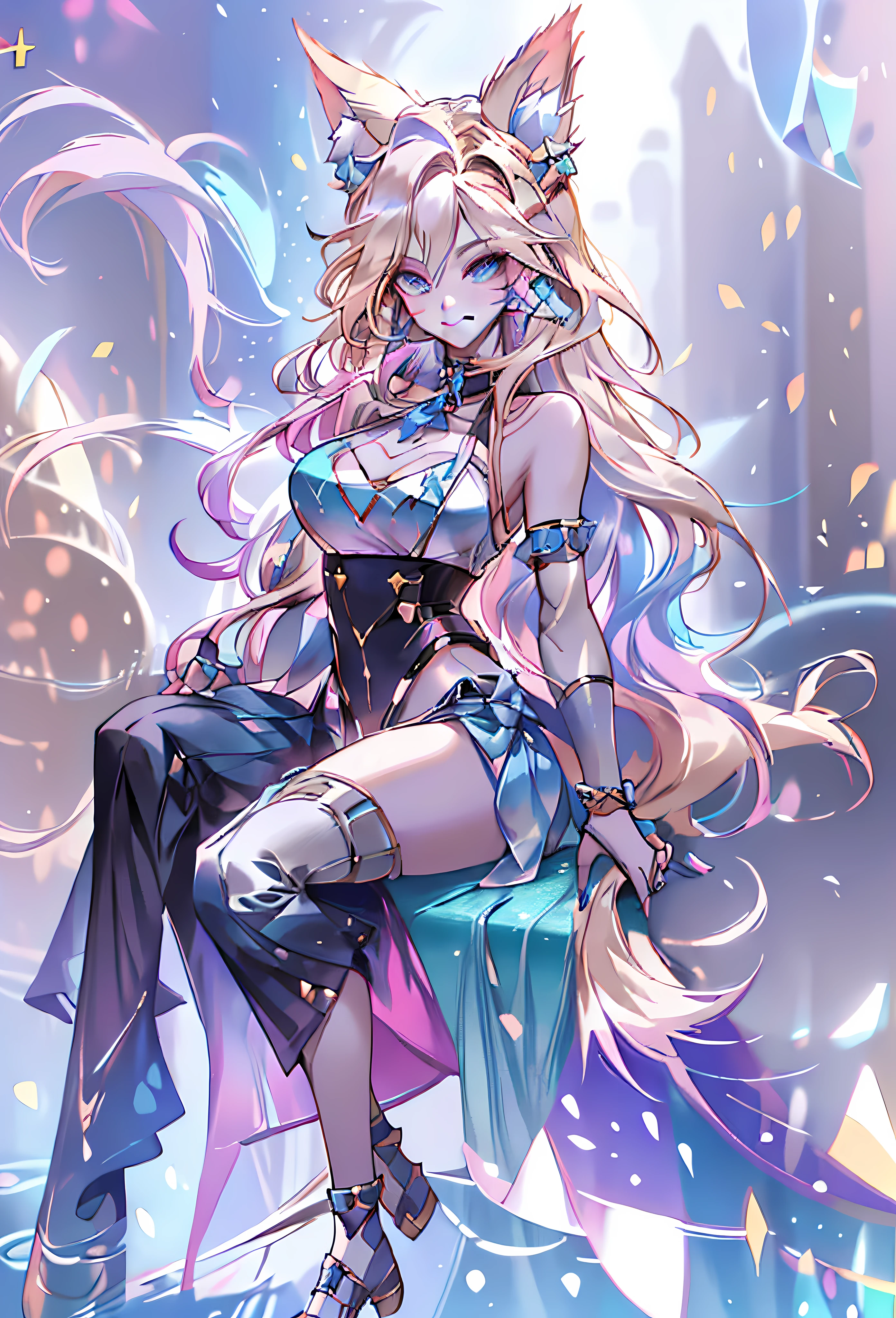 masterpiece, best quality, highres, ahri1, 1girl, solo, blonde hair, k/da \(league of legends\), long hair, multicolored hair, open hair, blue eyes, two-tone hair, large breasts, poolside, micro bikini, smile, sitting,