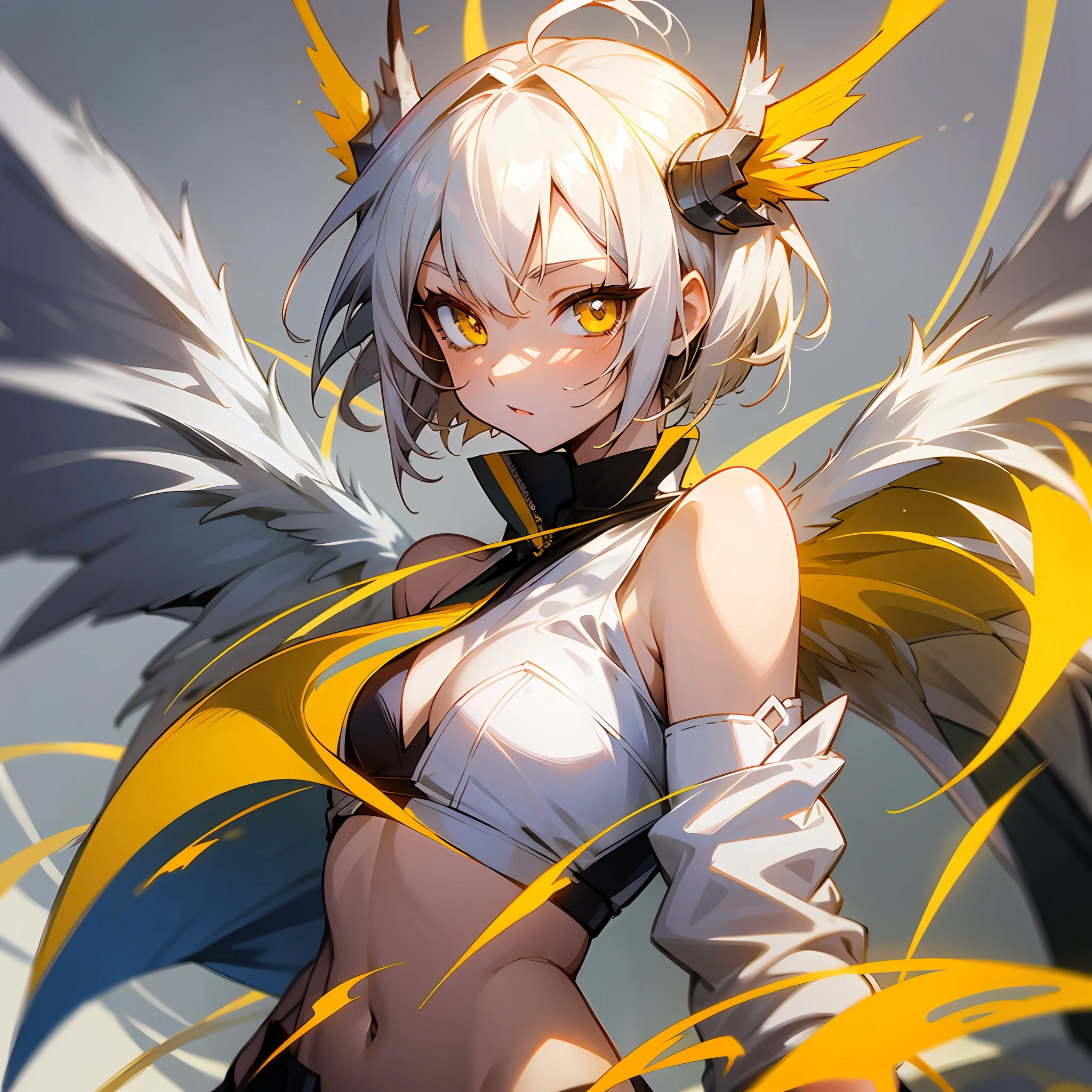 (anime mode) , amber yellow eyes, white short hair, white dragon wings, white dragon tail, age girl --auto --s2