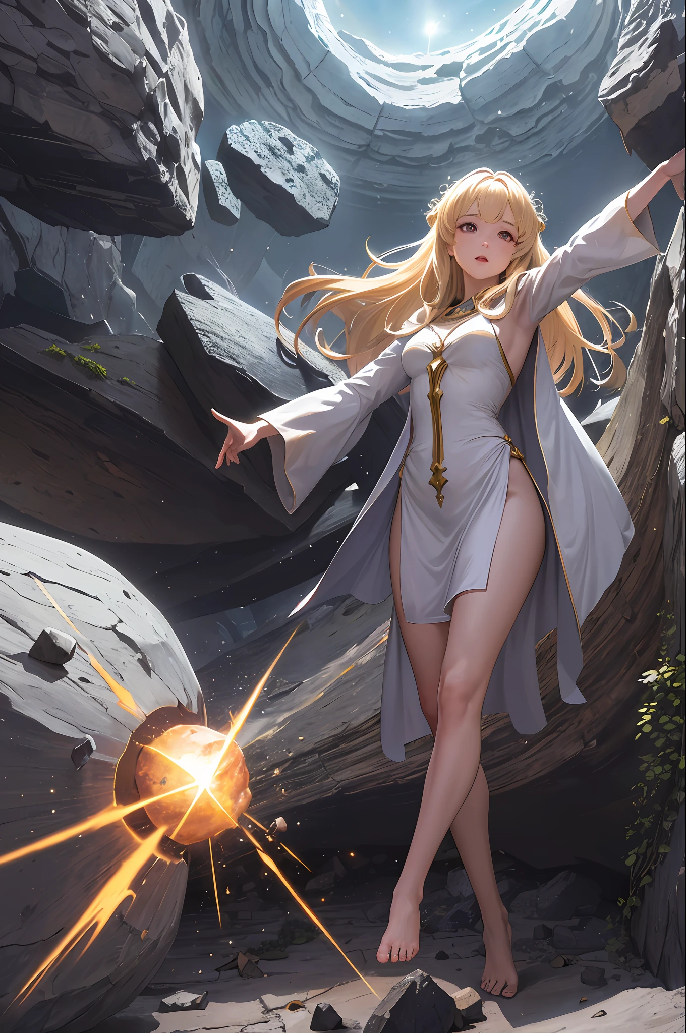female barefoot summoner levitating with blonde hair robes and cape arms lifted up over a broken earth bright lava light from below asteroid field (jagged rocks boulders and debris shooting into the air:1.3) (windy dust debris storm:1.1) volumetric fog mist ray tracing z pass bright light from below, (masterpiece) (best quality) (detailed) (8k) (cinematic lighting) (sharp focus) (intricate)