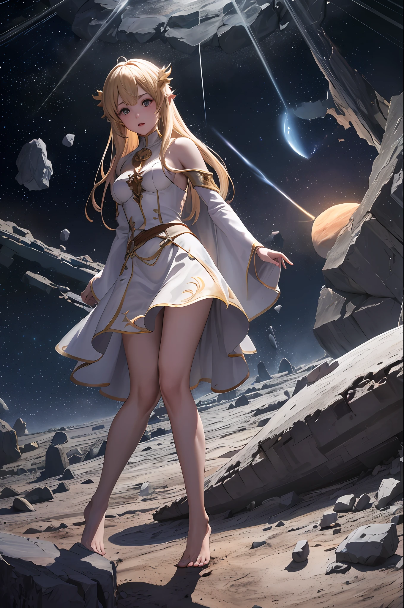 female barefoot summoner levitating with blonde hair robes and cape arms lifted up over a broken earth bright lava light from below asteroid field (jagged rocks boulders and debris shooting into the air:1.3) (windy dust debris storm:1.1) volumetric fog mist ray tracing z pass bright light from below, (masterpiece) (best quality) (detailed) (8k) (cinematic lighting) (sharp focus) (intricate)