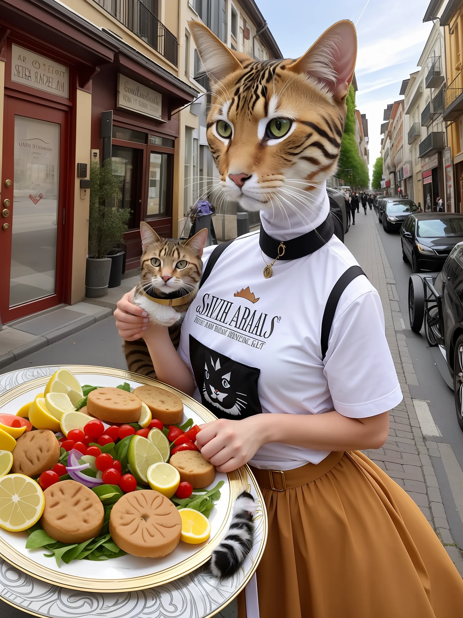 On the streets, humans are now mere servants of their new feline rulers. You can see humans wearing servitude uniforms with cat paws prints and bringing specially prepared plates of food to satisfy the demanding palates of the dominant felines.
In