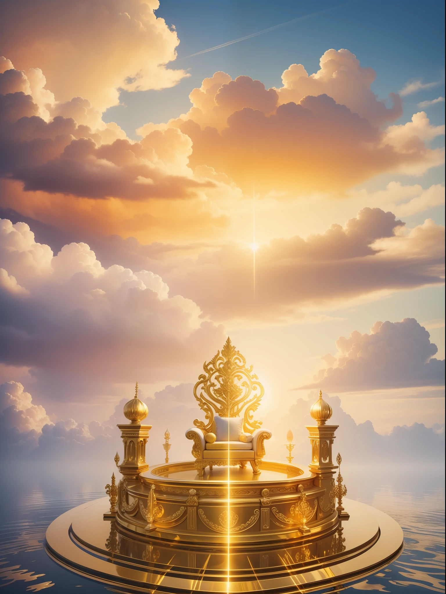 "Golden throne floating on white and golden clouds, lots of light."