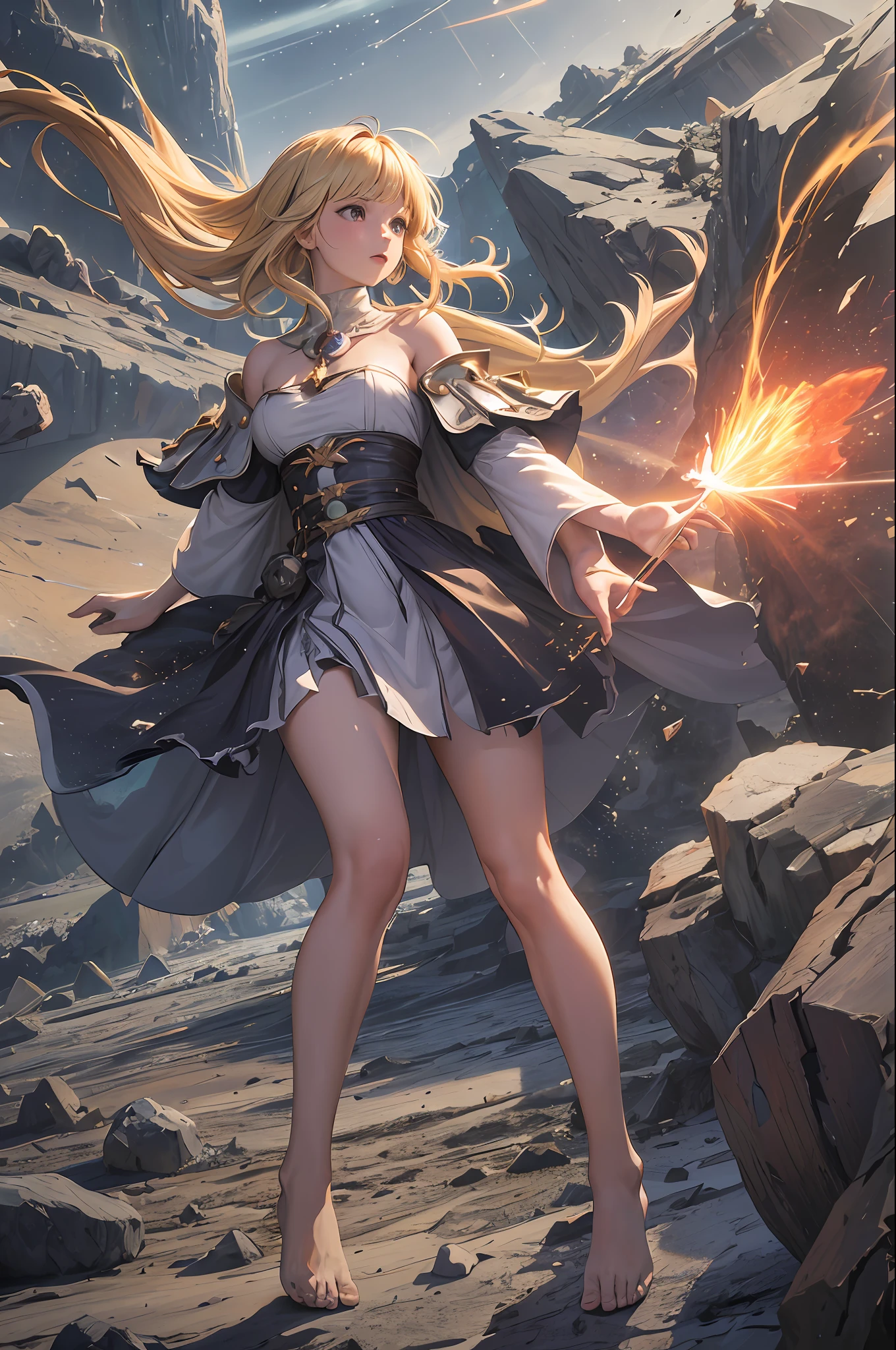 female barefoot summoner levitating with blonde hair robes and cape arms lifted up over a broken earth bright lava light from below asteroid field (jagged rocks boulders and debris shooting into the air:1.3) (windy dust debris storm:1.1) volumetric fog mist ray tracing z pass bright light from below, (masterpiece) (best quality) (detailed) (8k) (cinematic lighting) (sharp focus) (intricate)