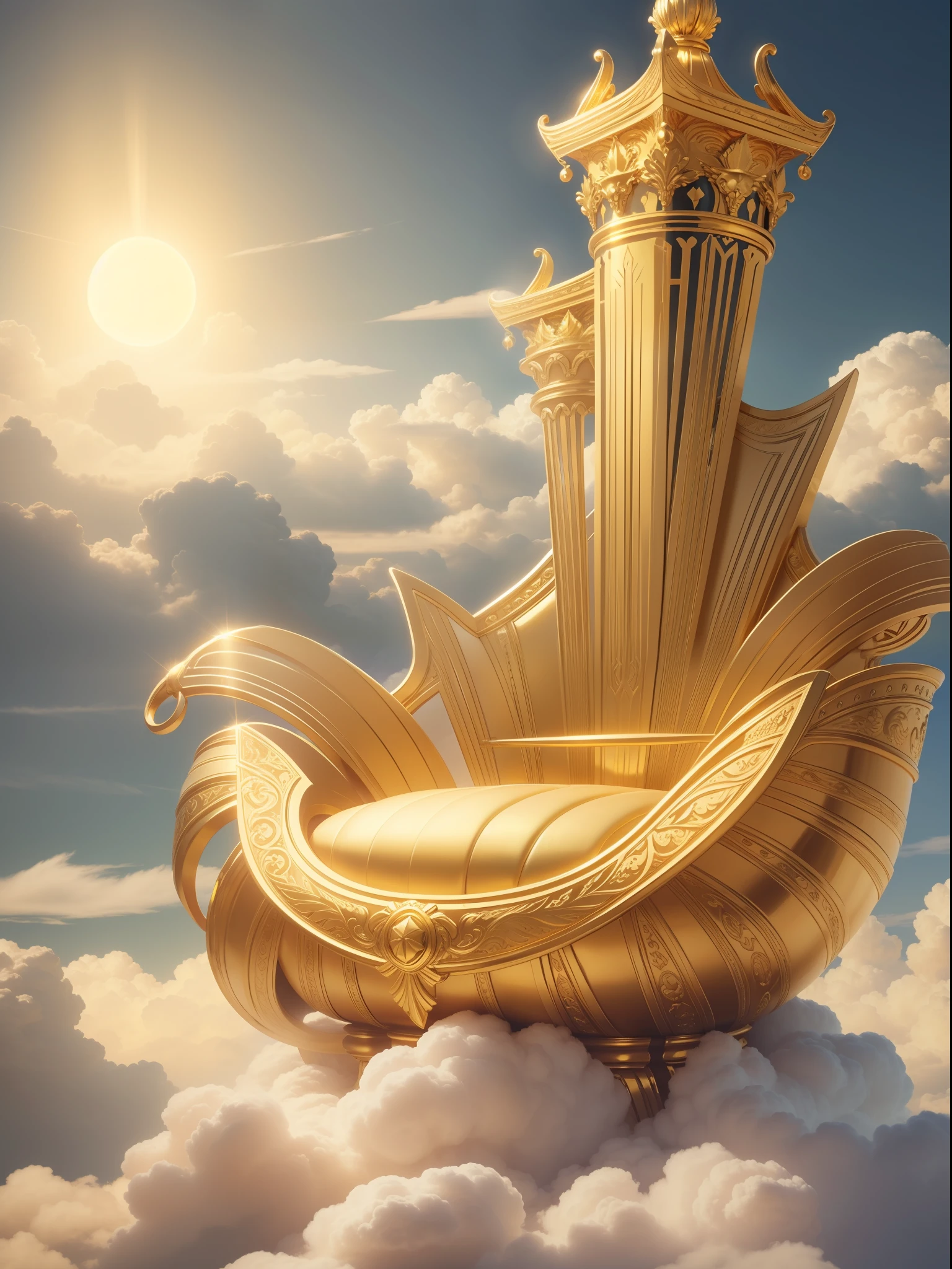 "Golden throne floating on white and golden clouds, lots of light."